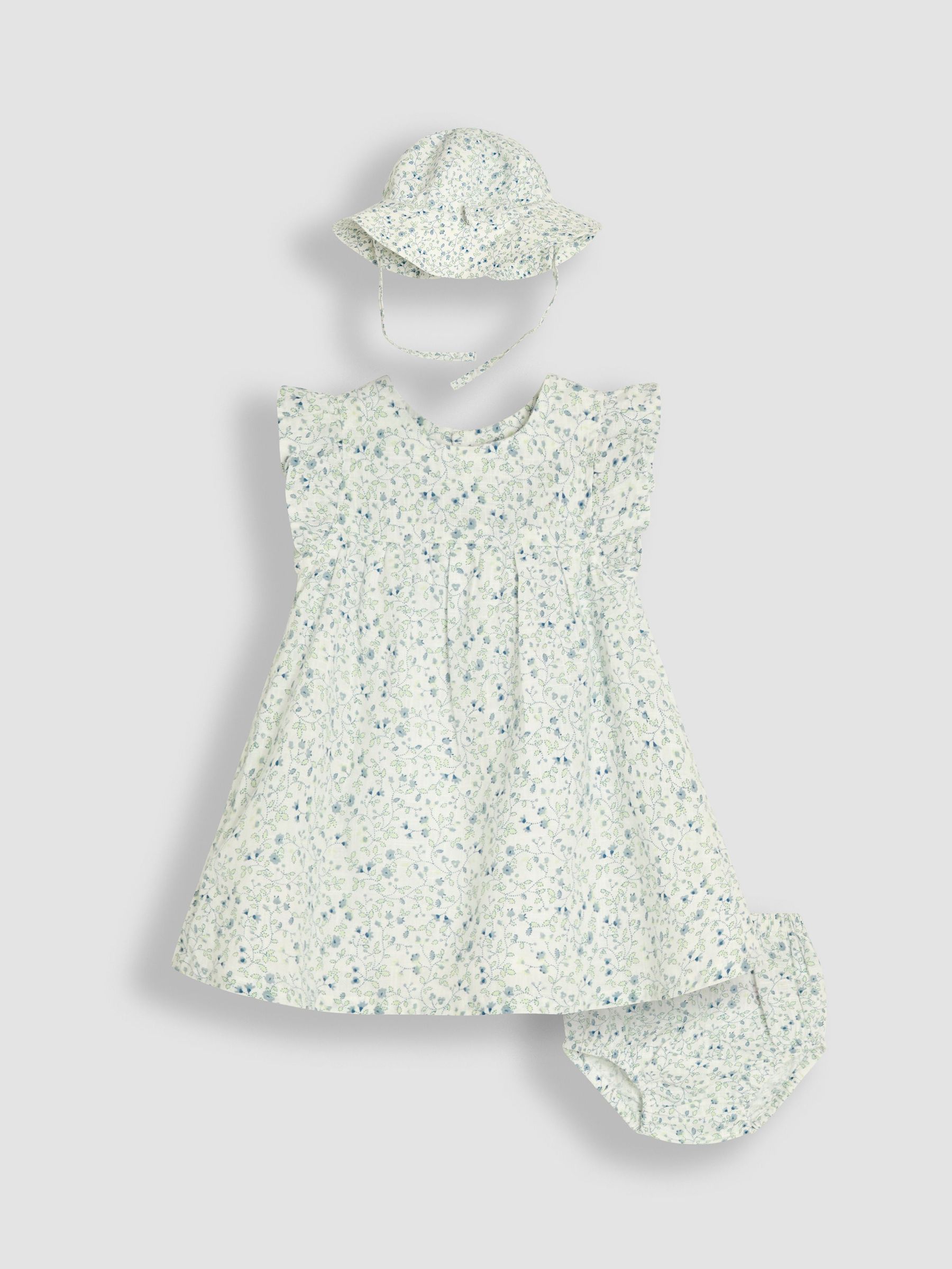 Blue Ditsy Floral 3-Piece Frill Shoulder Baby Dress, Knicker & Hat Set (AU4177) | £32 - £34