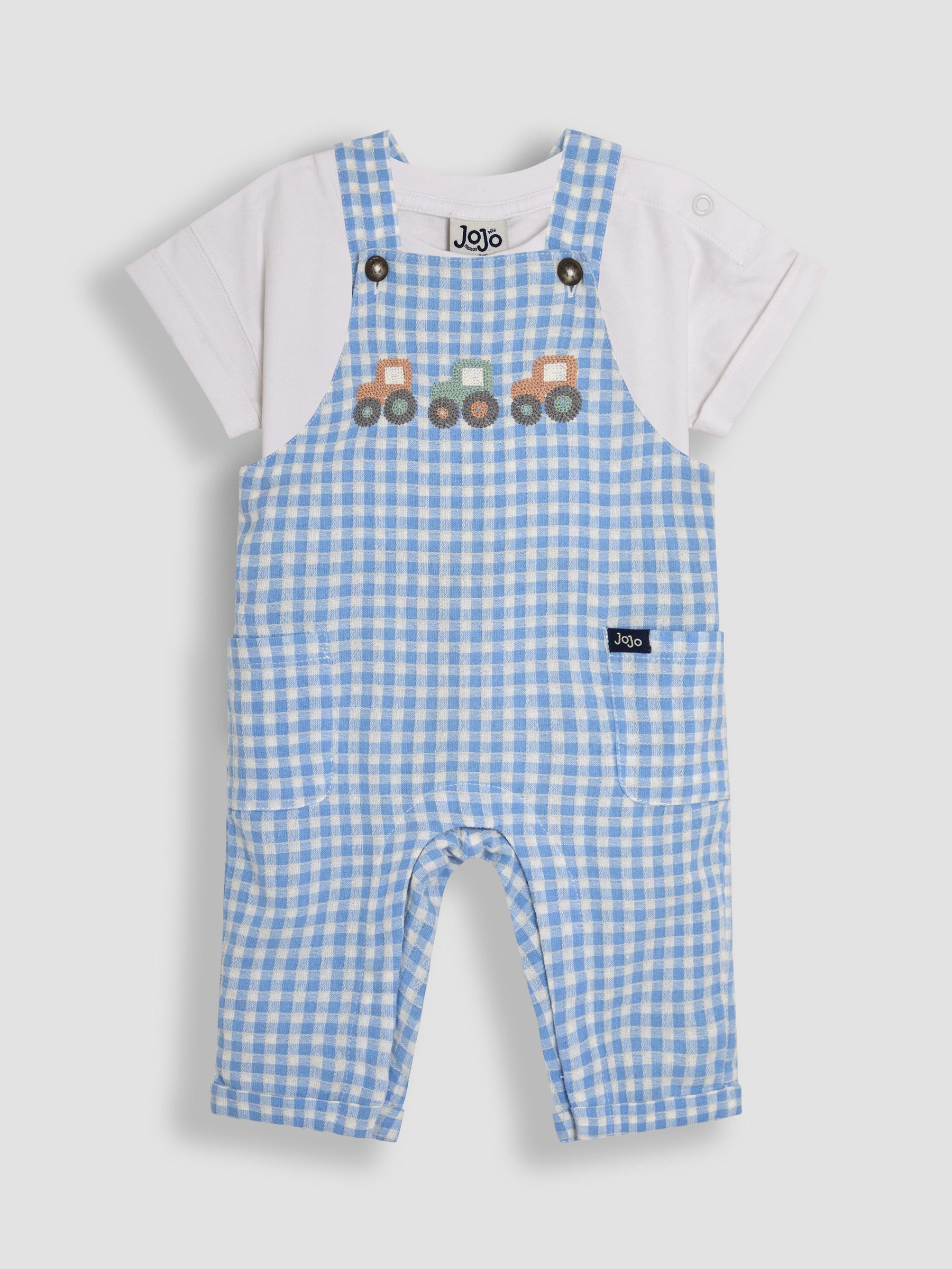 Blue 2-Piece Tractor Gingham Dungarees & T-Shirt Set (AU4182) | £30 - £32