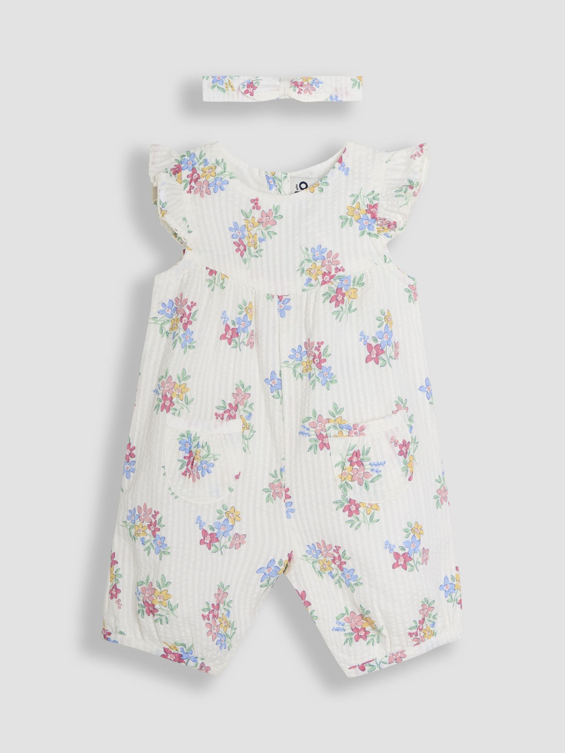 White Floral Pretty Ruffle Shoulder Sunsuit with Headband (AU4188) | £23 - £24