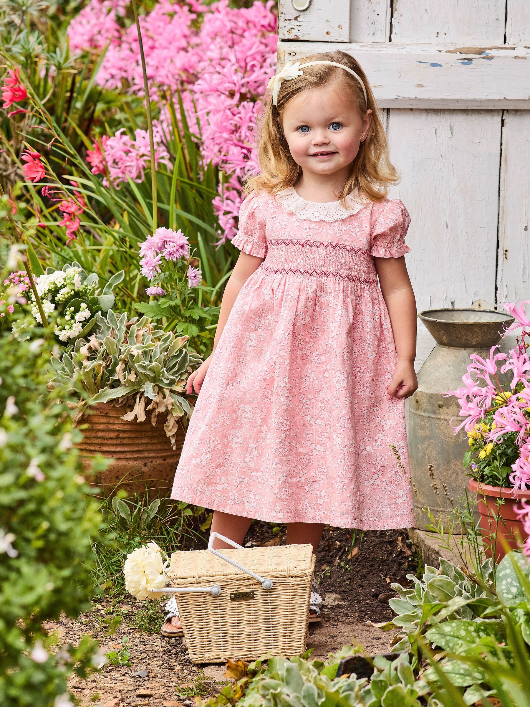 Pink Garden Floral Smocked Woven 100% Cotton Dress (AU4190) | £32 - £38