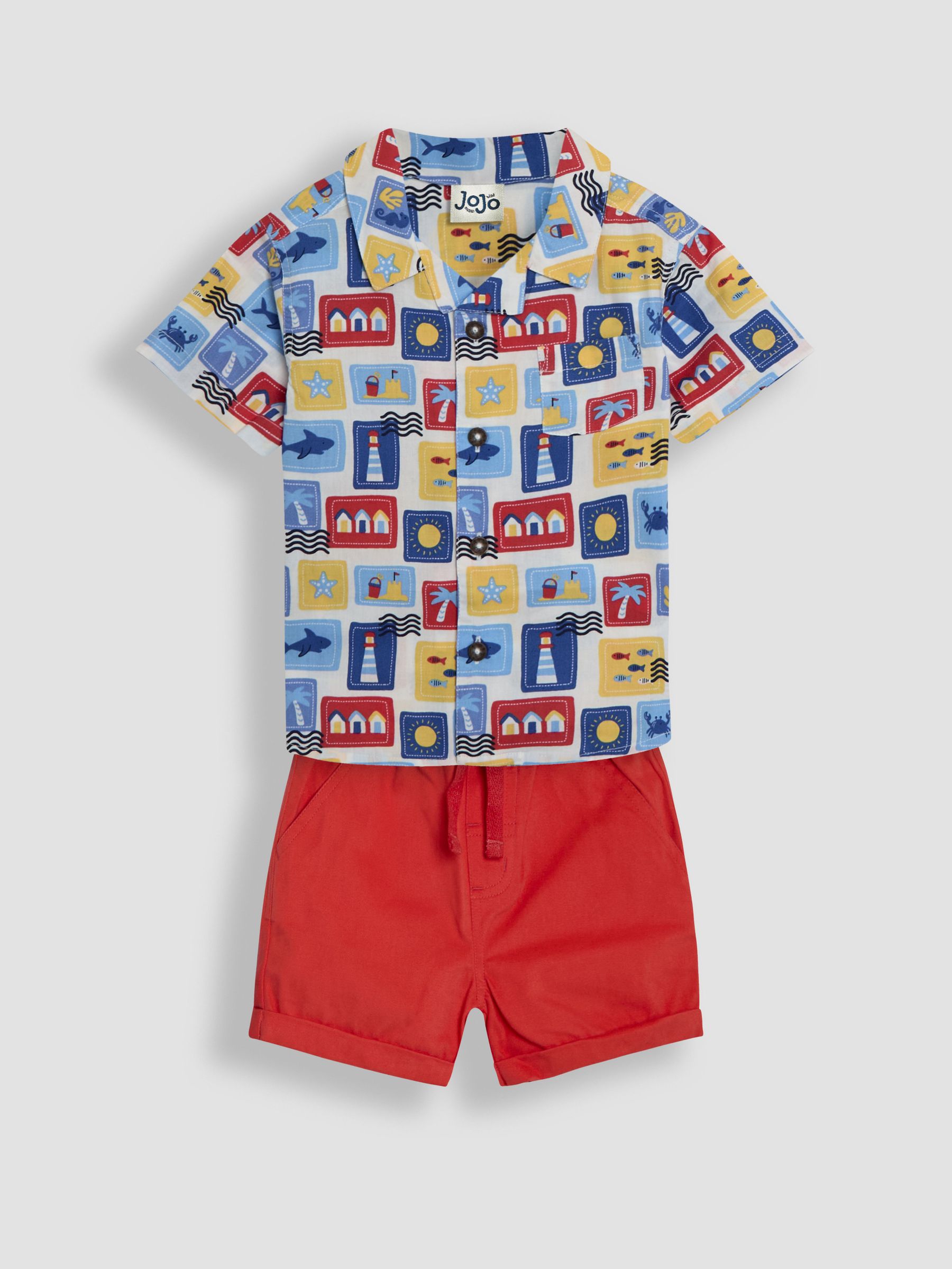 Red Seaside 2-Piece Printed Shirt & Twill Shorts Set (AU4201) | £30 - £36