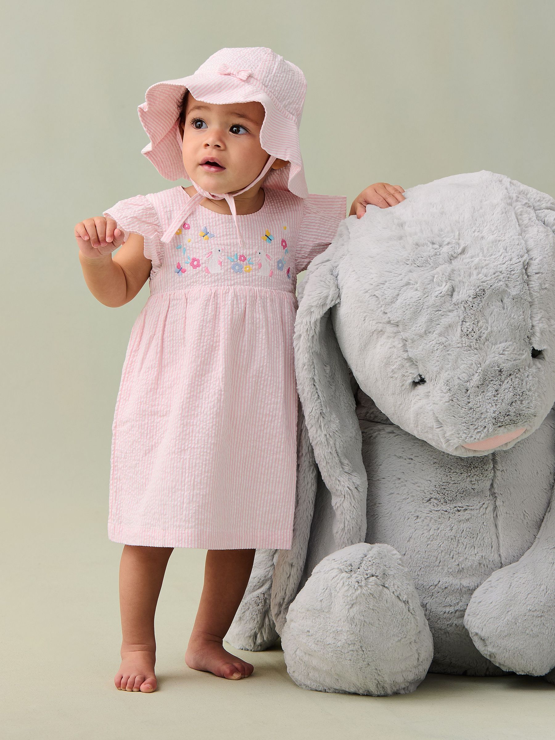 Pink Bunny Embroidered Frill Shoulder Baby Dress Knicker and Hat Set 3 Piece (AU4211) | £30 - £32