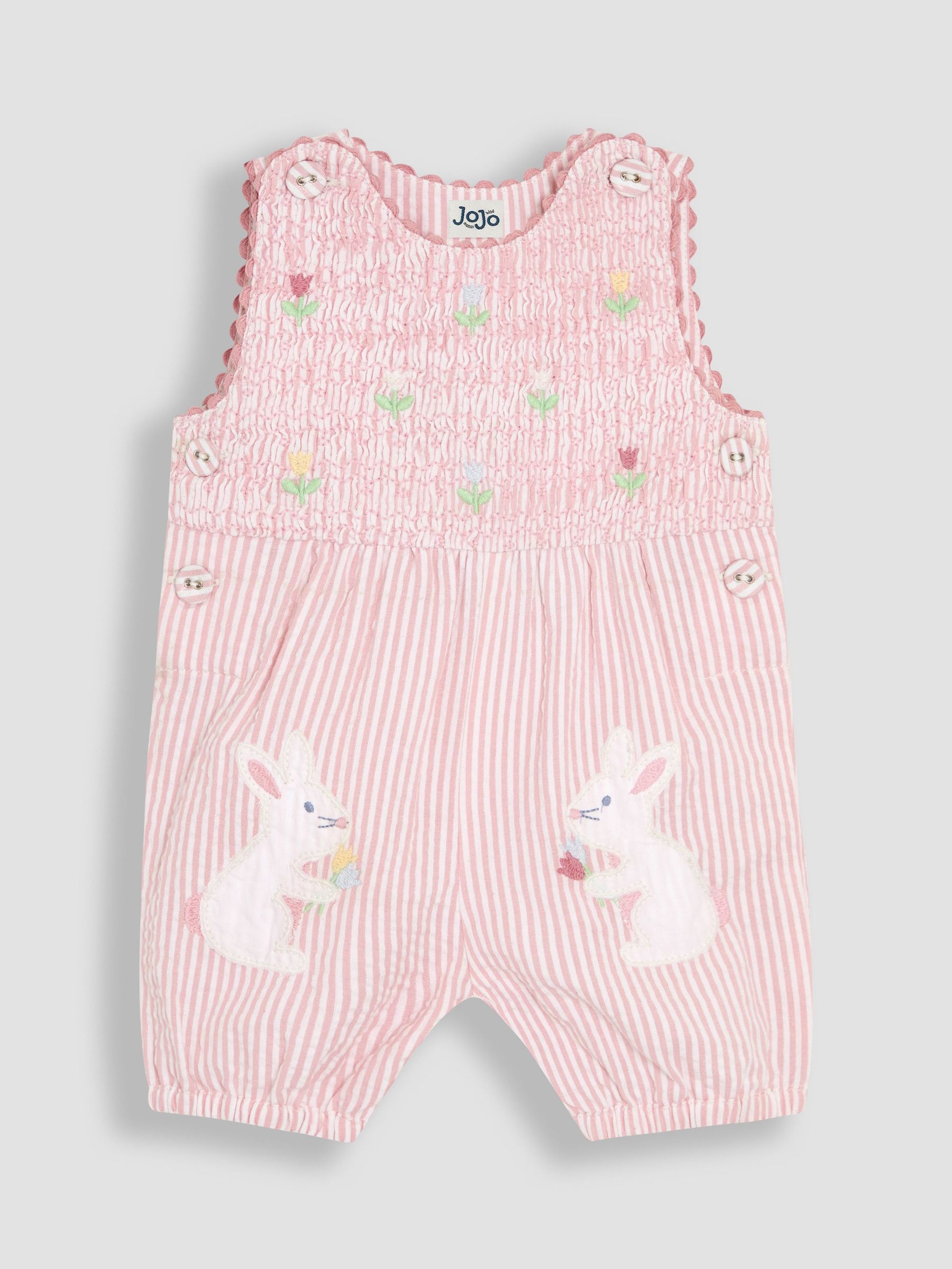 Pink Smocked Stripe Bunny Appliqué Pocket 100% Cotton Dungarees (AU4217) | £19 - £20