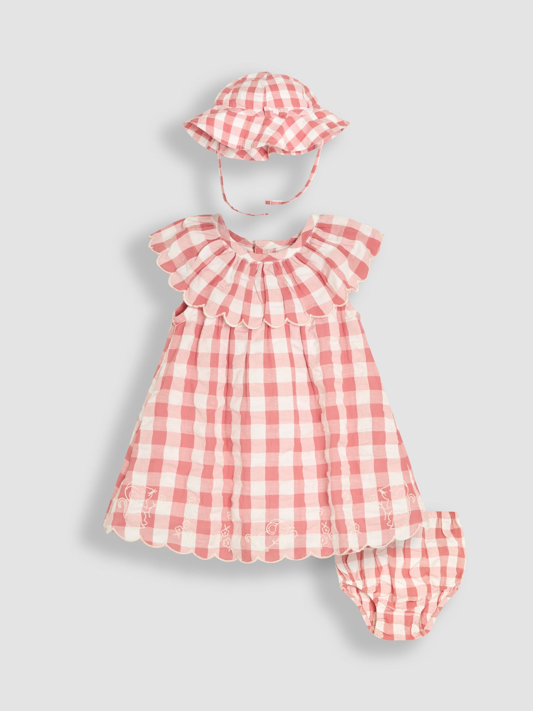 Pink Gingham Mouse Embroidered 3-Piece Scallop Baby Dress, Knicker & Hat Set (AU4218) | £32 - £34