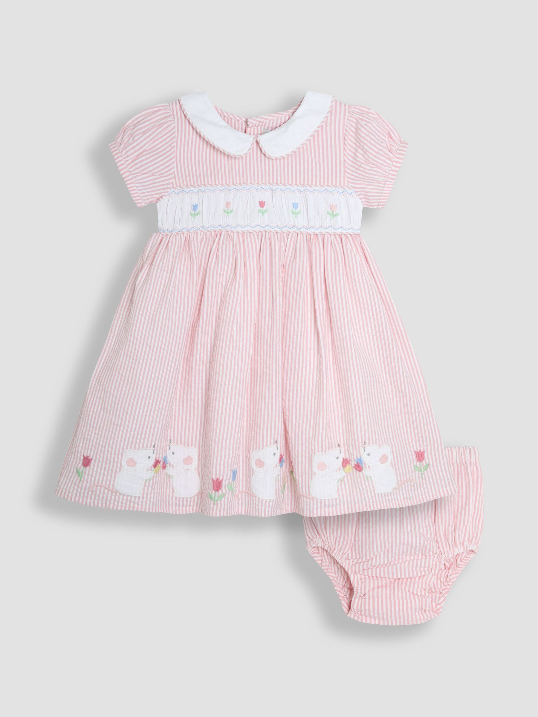 Pink Mouse Seersucker Appliqué Smocked Dress (AU4241) | £30 - £34