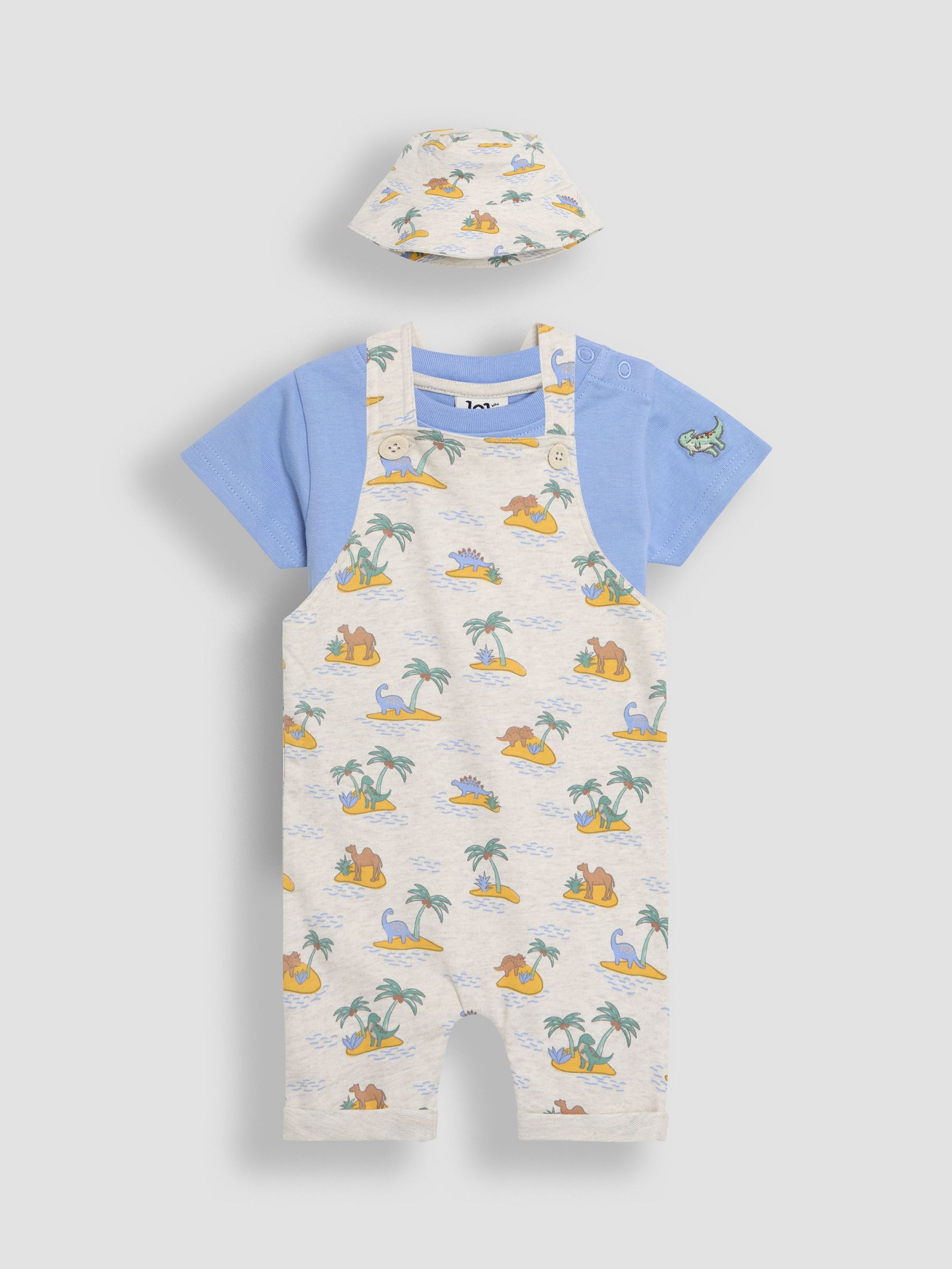 Natural 100% Cotton Dino Dungarees & T-Shirt Set with Hat 3 Piece (AU4585) | £32 - £34