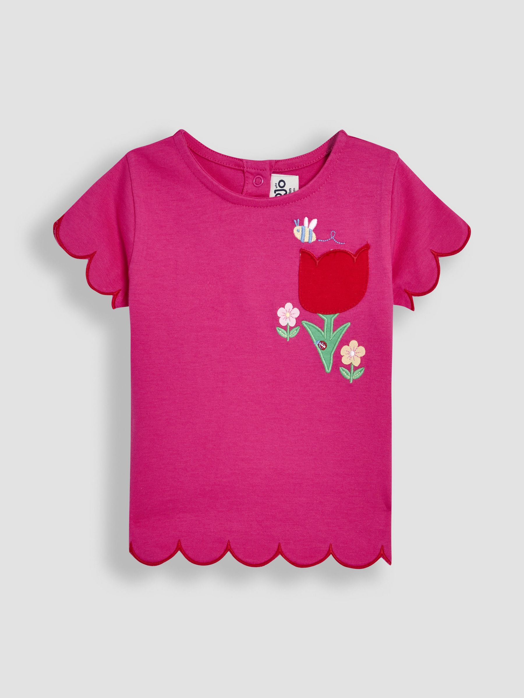 Fuchsia Pink Bee & Flower 100% Cotton Scallop Hem Appliqué Pocket T-Shirt (AU4618) | £16 - £19