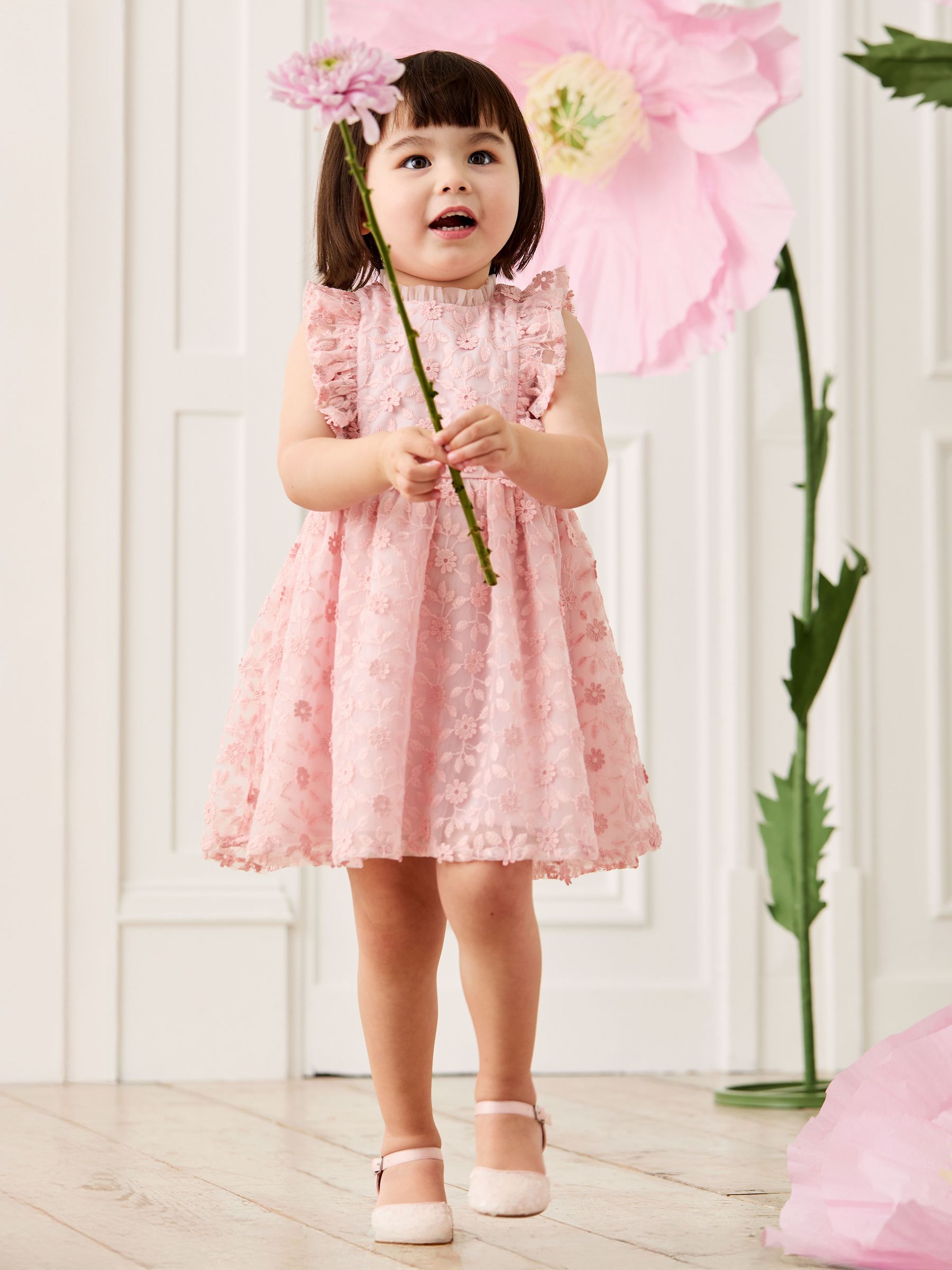 Pale Pink Embroidered Lace Frill Flower Print Girl Dress (AU4633) | £43 - £49