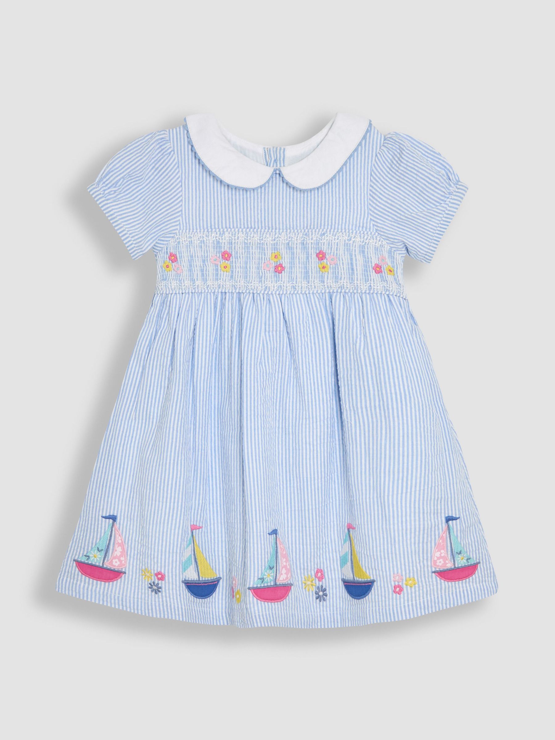 Blue Boat Seersucker Appliqué Smocked Dress (AU4636) | £30 - £34