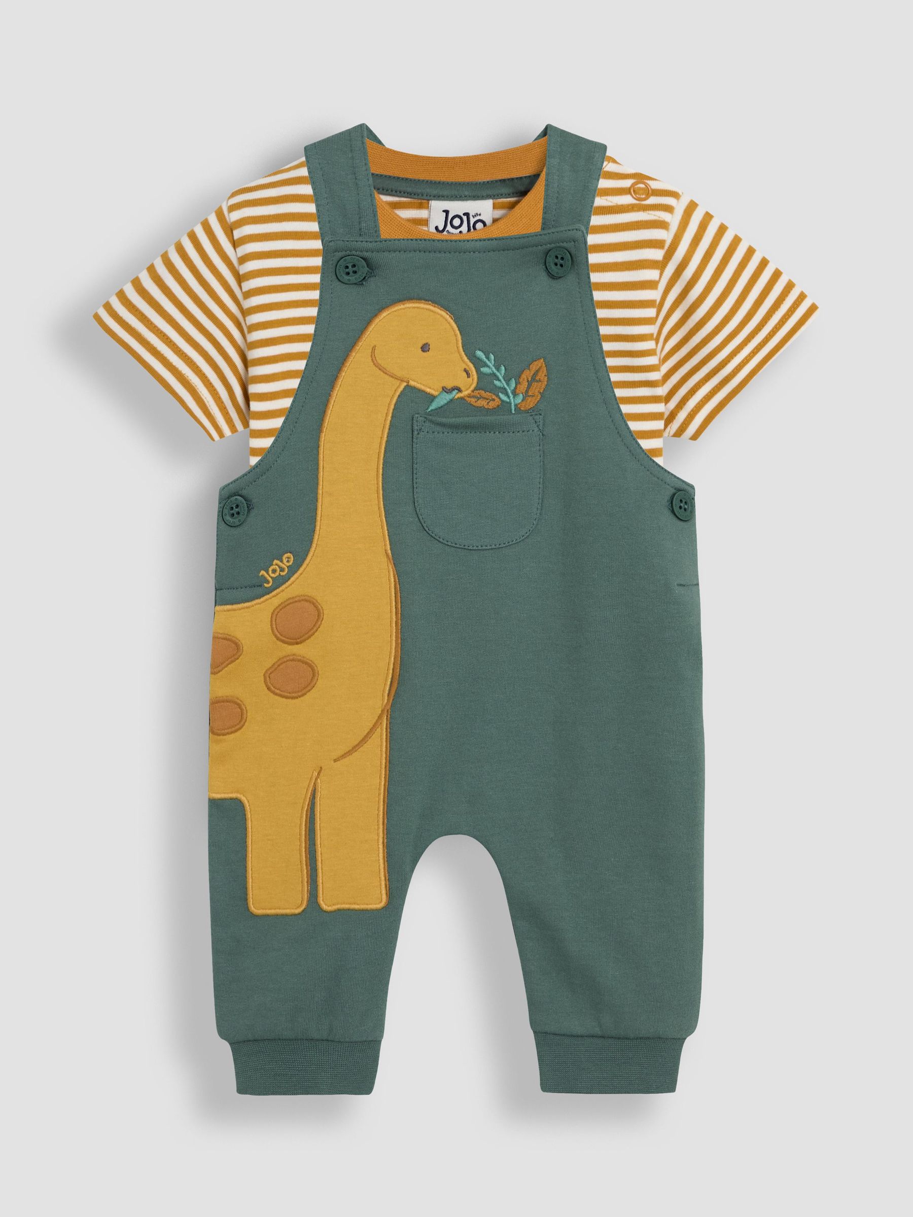 Khaki Diplodocus 2-Piece Appliqué Dungarees & T-Shirt Set (AU4660) | £27 - £28