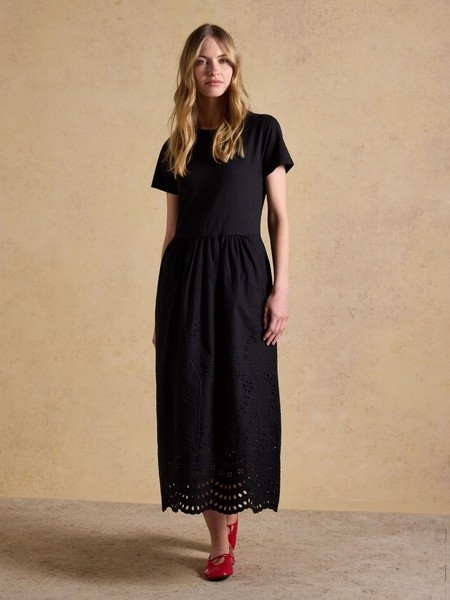 Reid Black Cotton Broderie Midi Dress