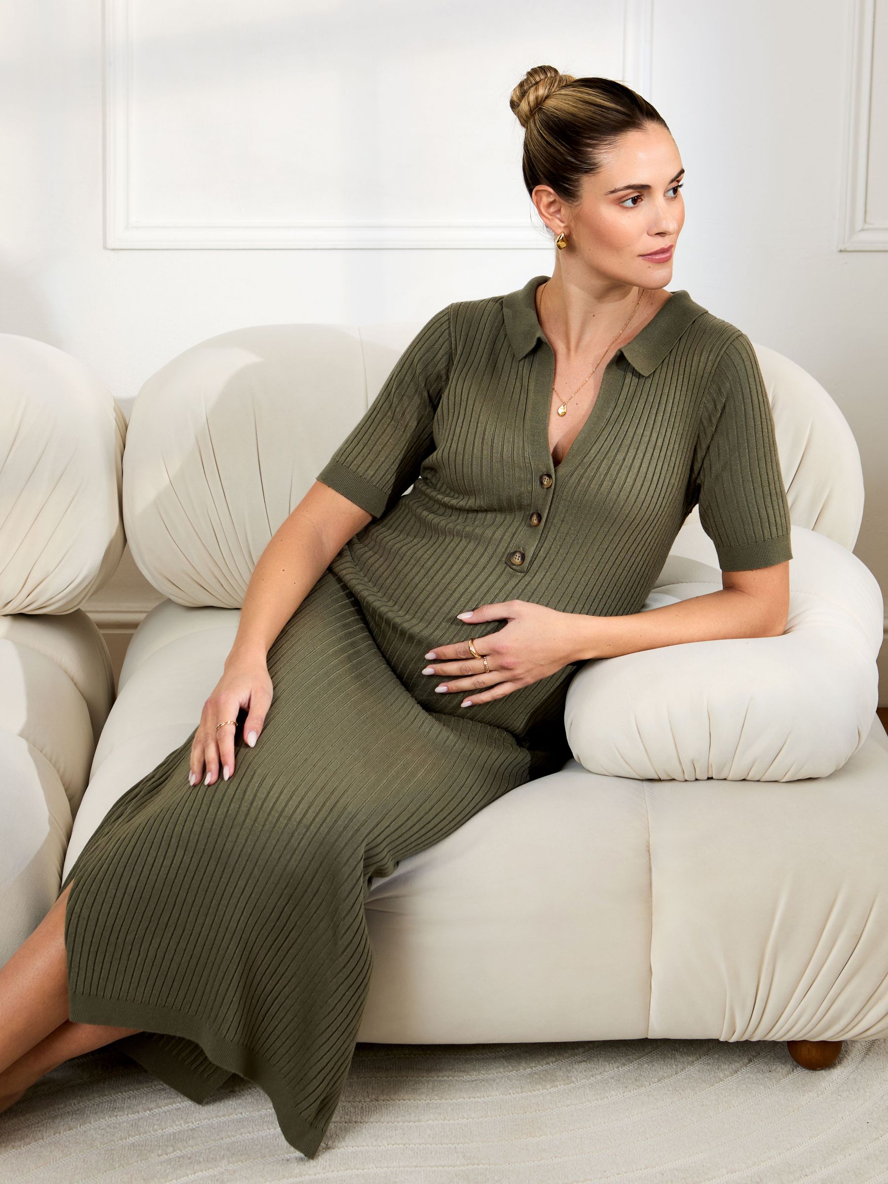 Khaki Collared Ribbed Knitted Maternity Dress (AU5372) | £46