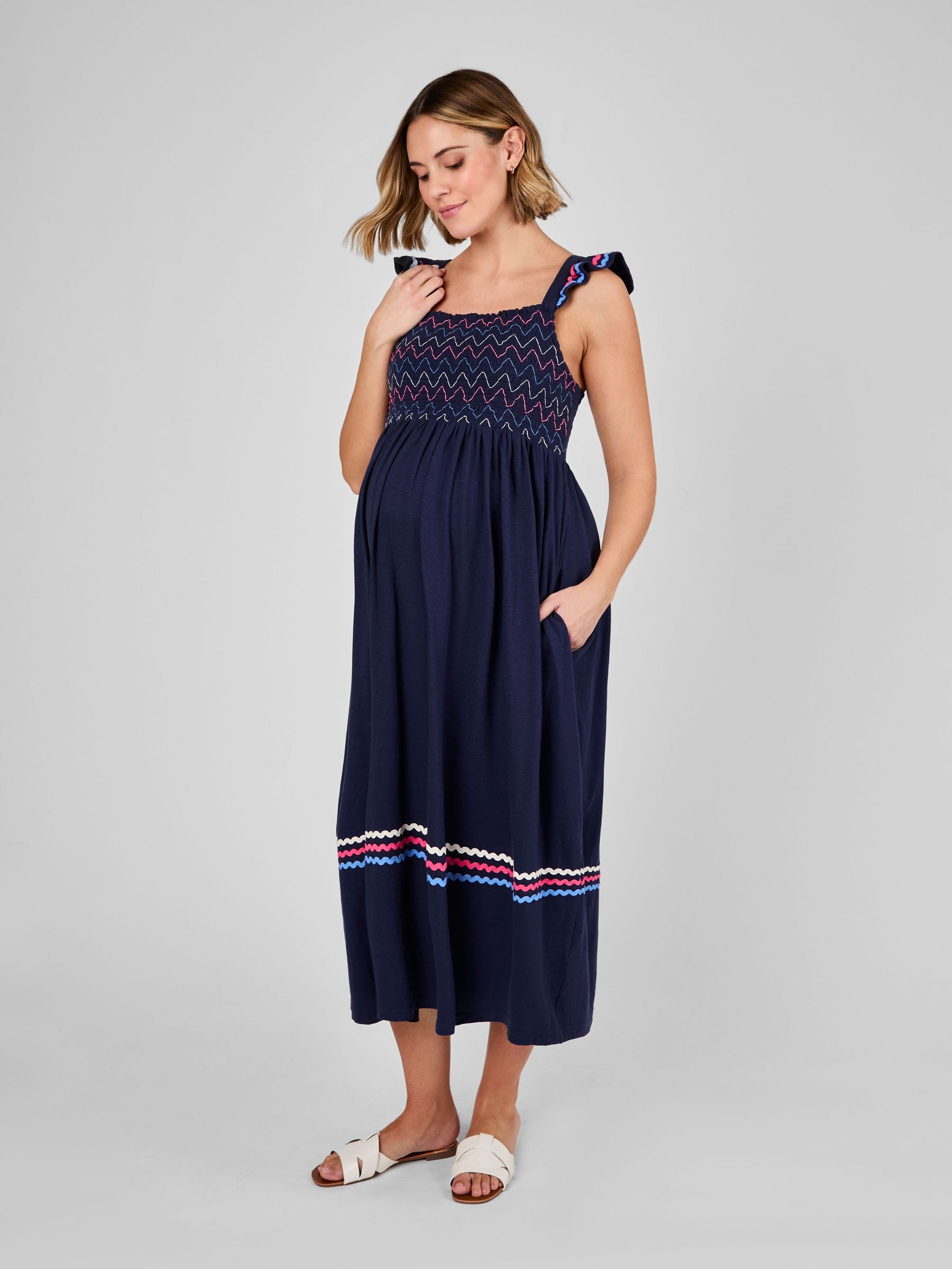 Navy Maternity Frill Sleeve Shirred Midi Dress (AU5381) | £42.50