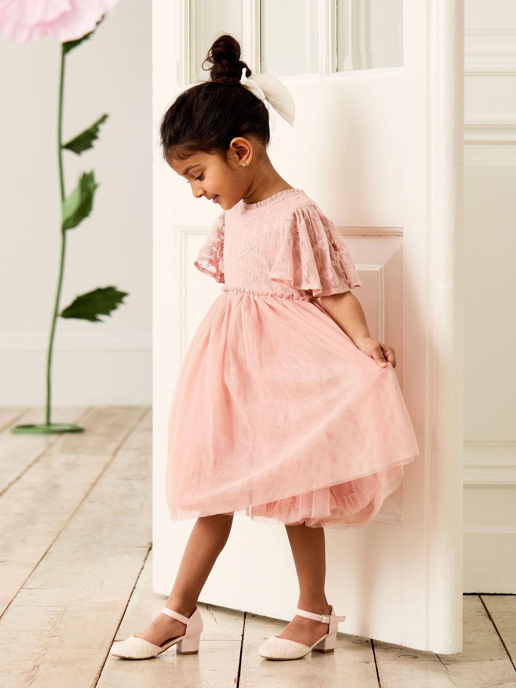 Pink Embroidered Lace Scallop Sleeve Flower Print Girl Dress (AU5388) | £43 - £49