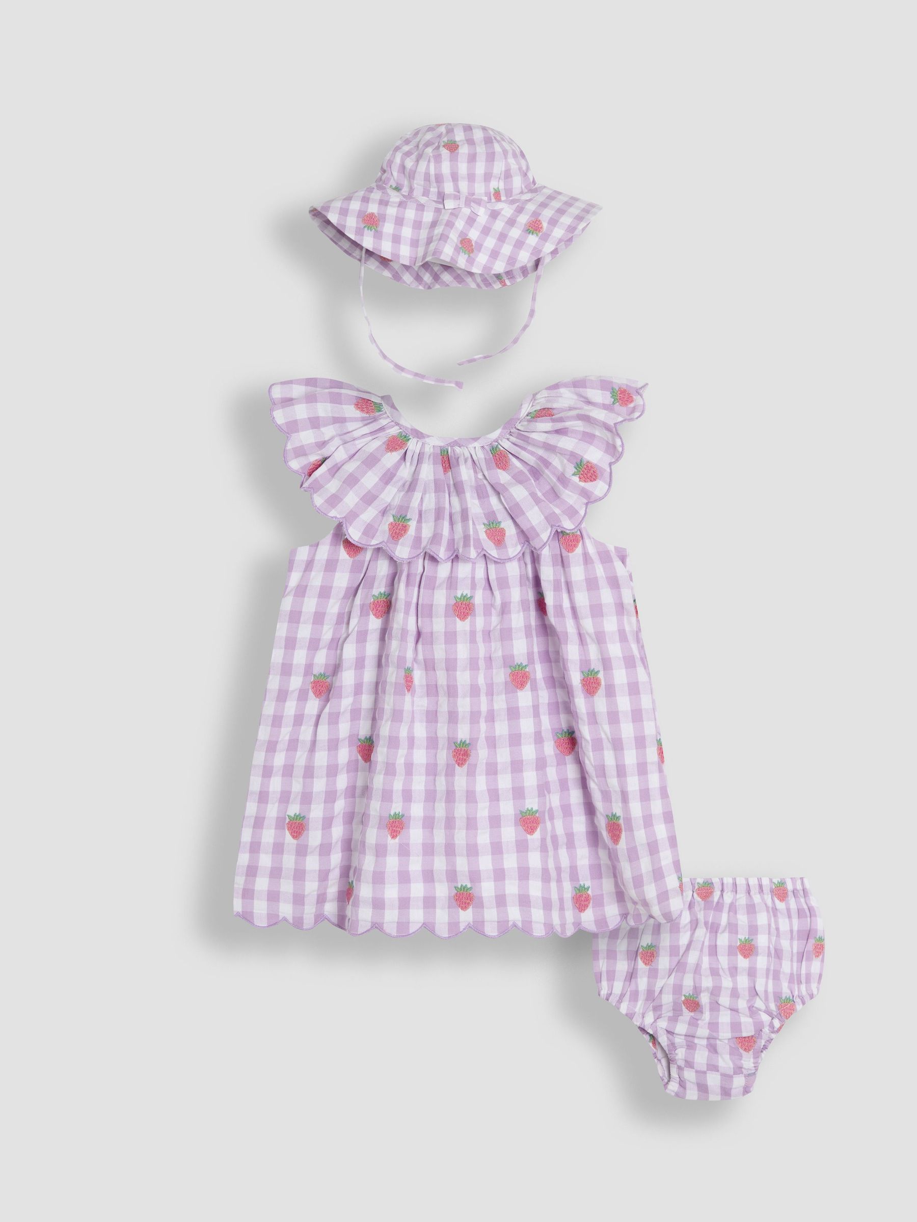 Lilac Strawberry Embroidered 3-Piece Scallop Baby Dress, Knicker & Hat Set (AU5536) | £32 - £34