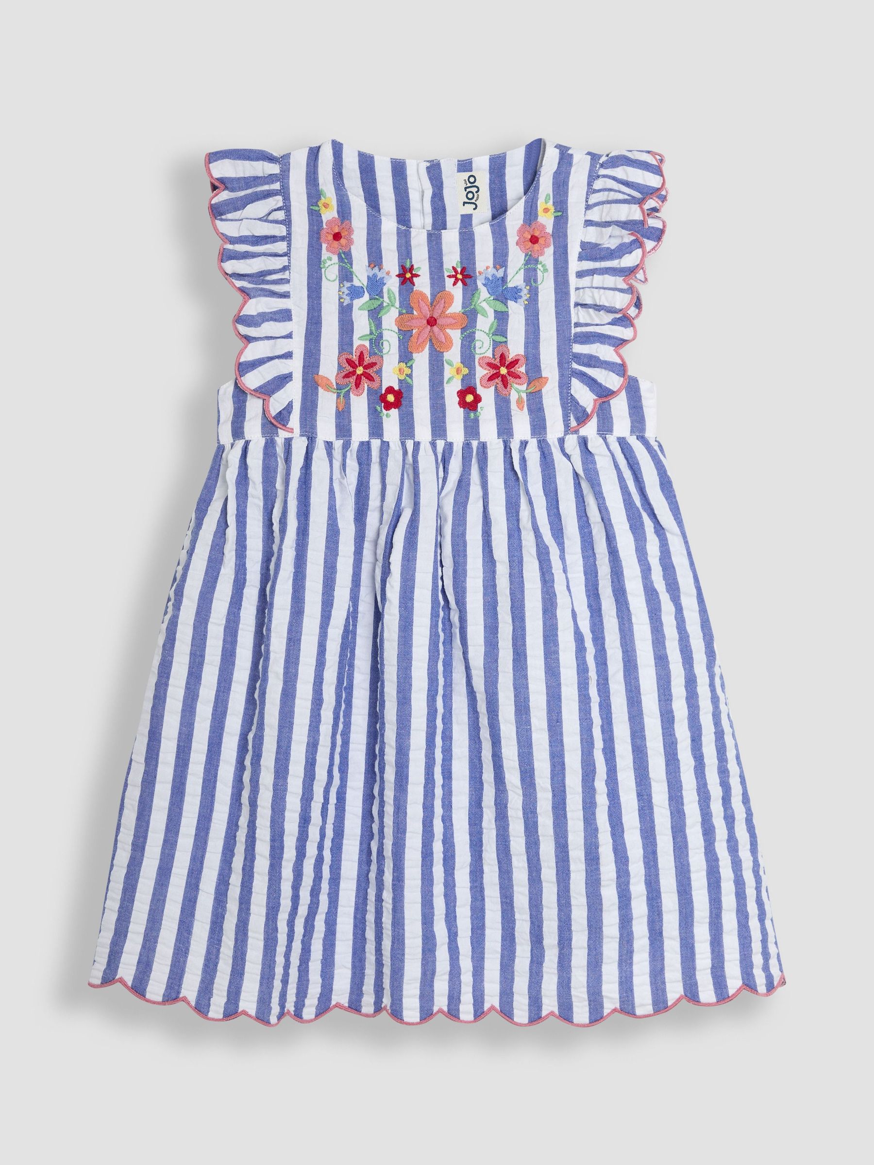 Blue Floral Embroidered Appliqué Seersucker Summer Dress (AU5538) | £26 - £29
