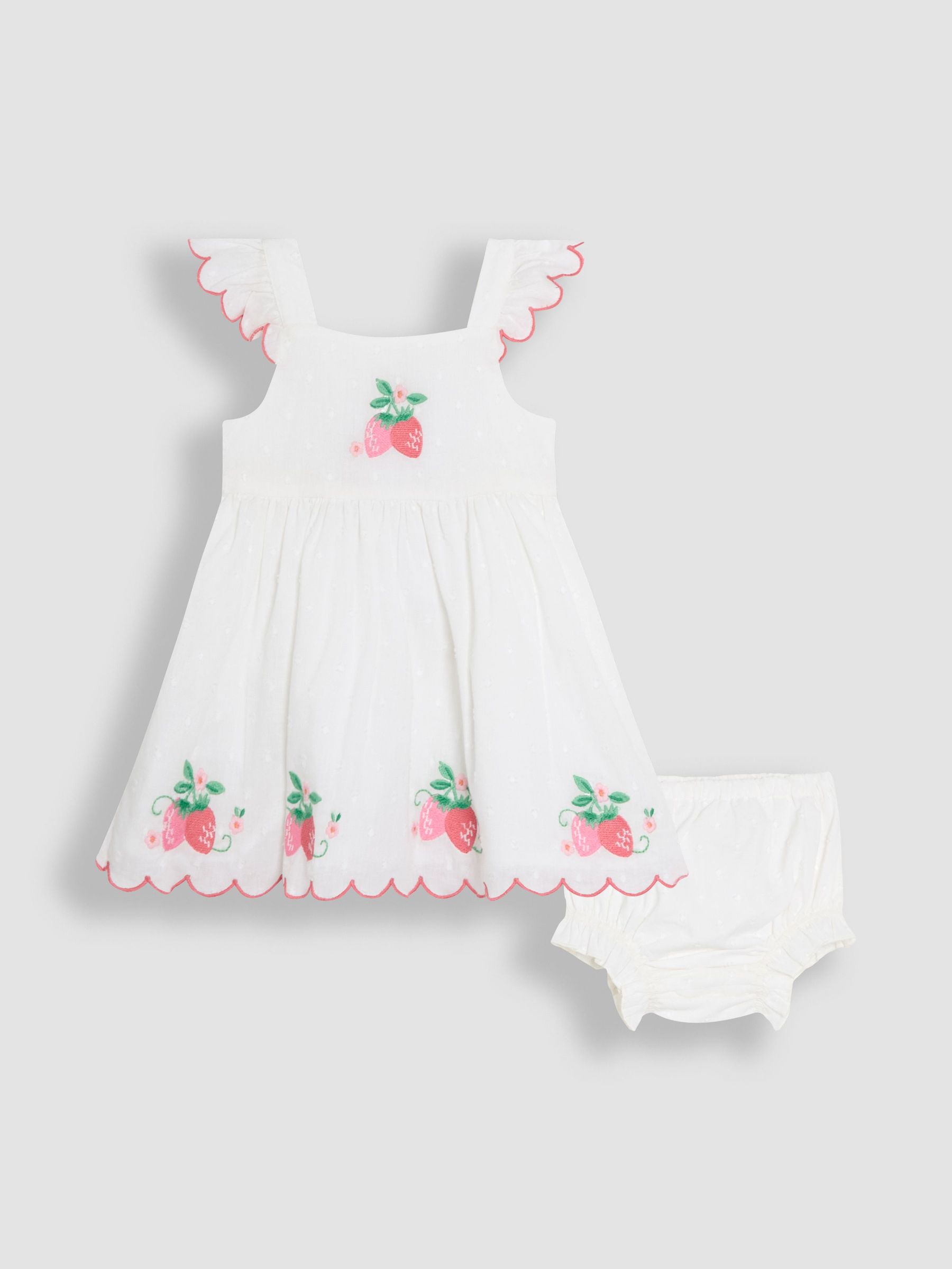 Pink Baby Strawberry Embroidered Scallop Sleeve 100% Cotton Dress (AU5543) | £28 - £29