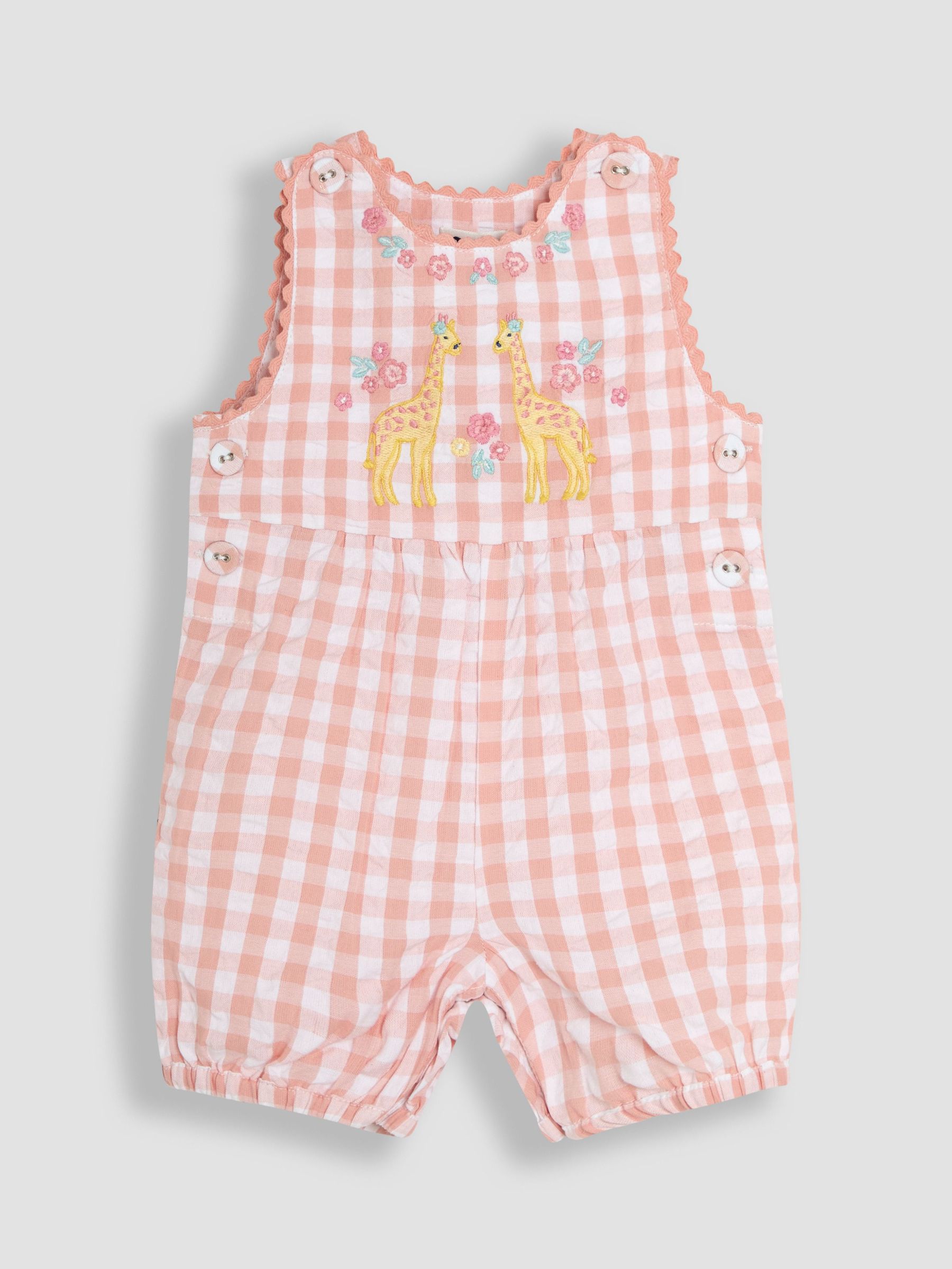 Coral Gingham Giraffe Appliqué Dungarees (AU5545) | £24 - £25
