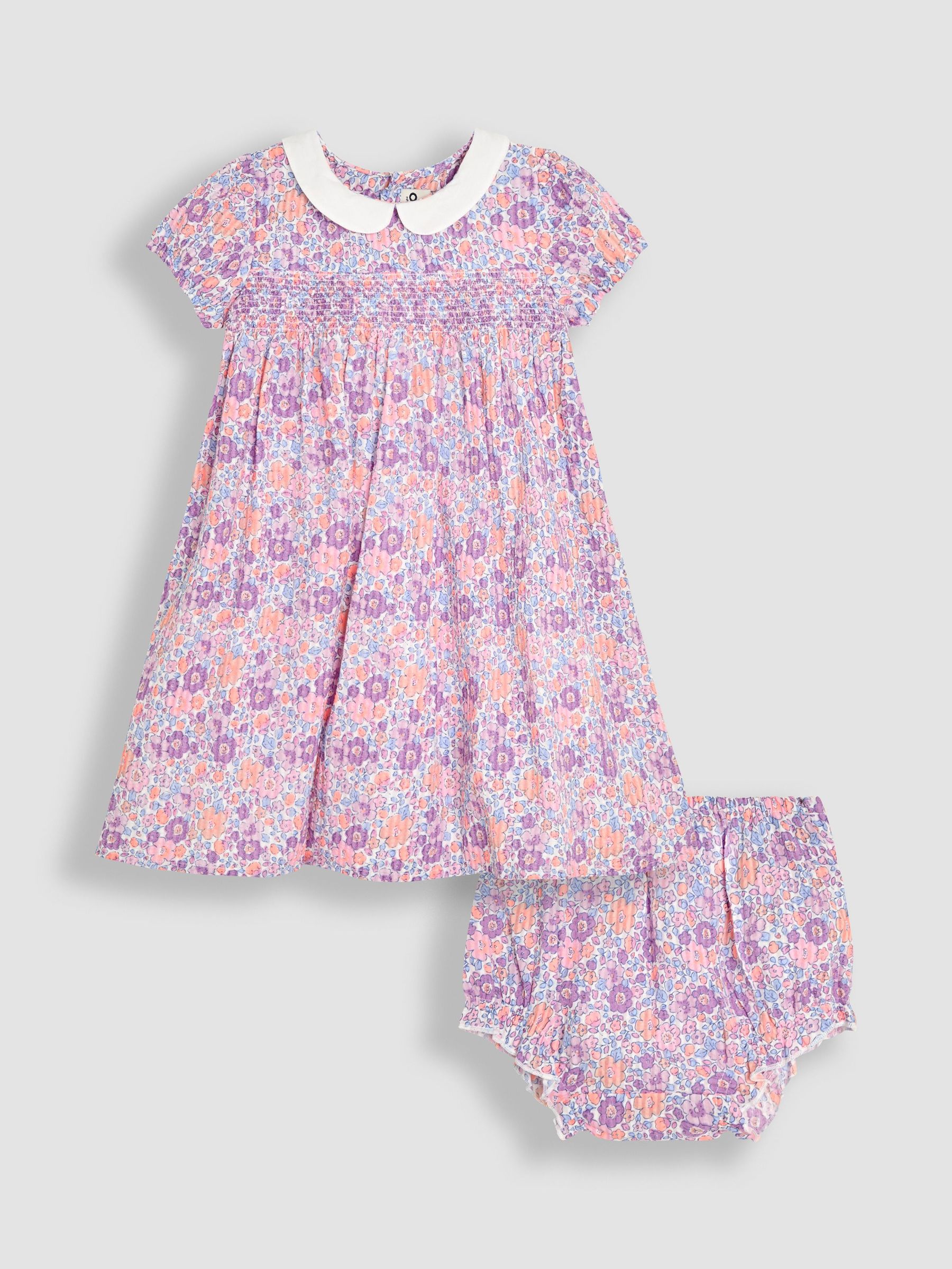 Lilac Purple Tropical Floral Smocked Woven 100% Cotton Dress (AU5567) | £30 - £36