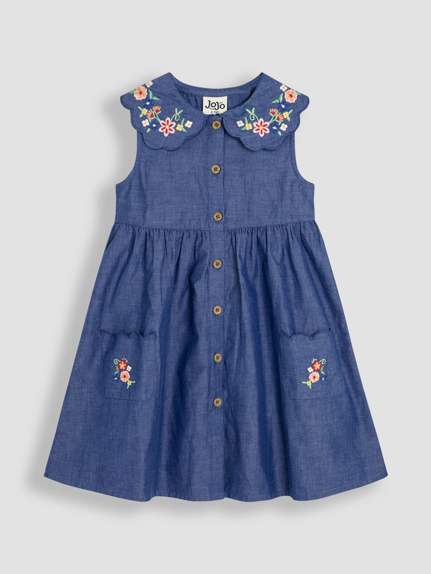 Chambray Blue Embroidered Scallop Collar Button Through Dress (AU5574) | £22 - £25