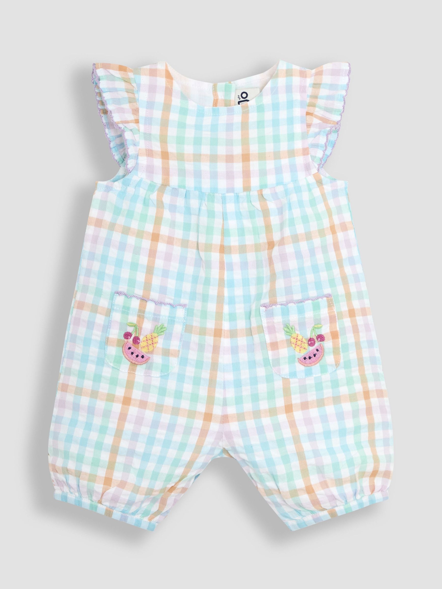 Rainbow Gingham Fruit Embroidered Pockets Pretty Ruffle Shoulder 100% Cotton Sunsuit (AU5580) | £22 - £23
