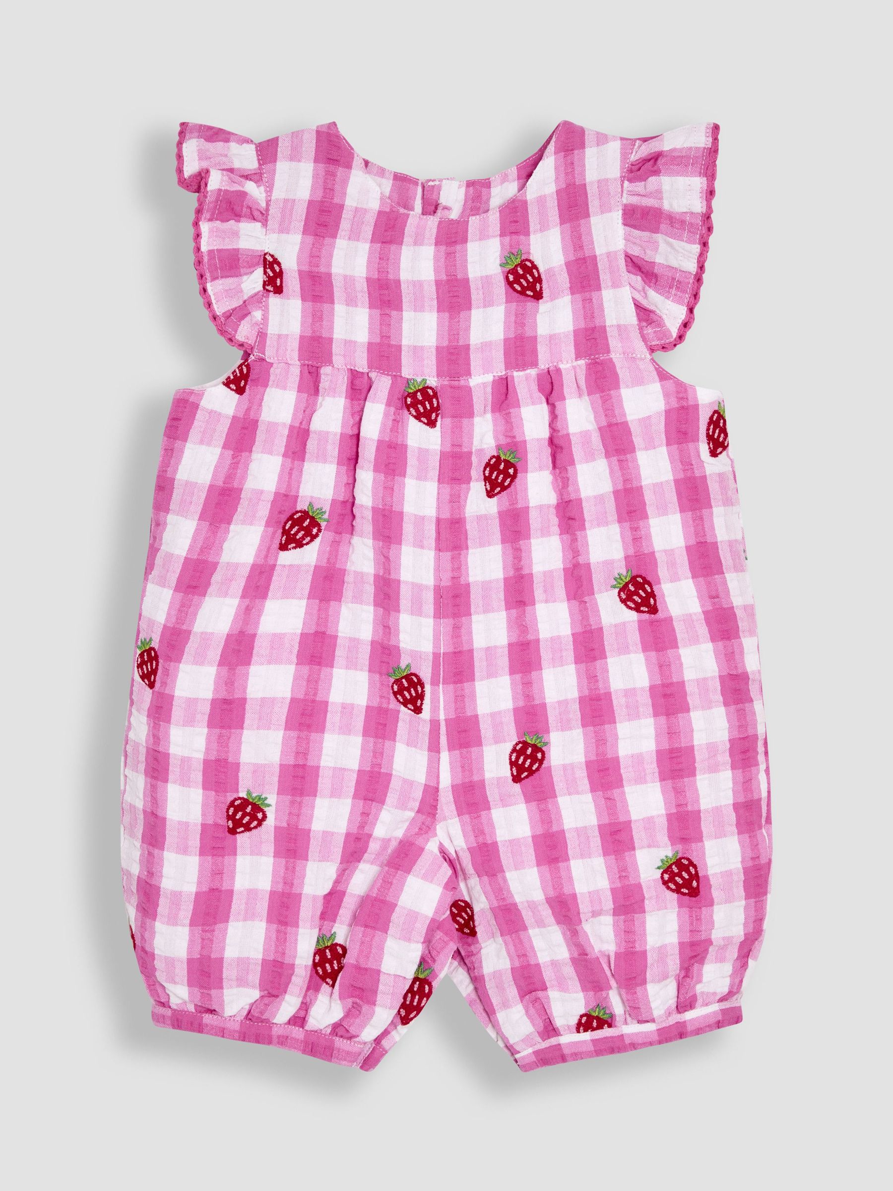 Pink Strawberry Gingham Pretty Ruffle Shoulder Embroidered Sunsuit (AU5583) | £23 - £24