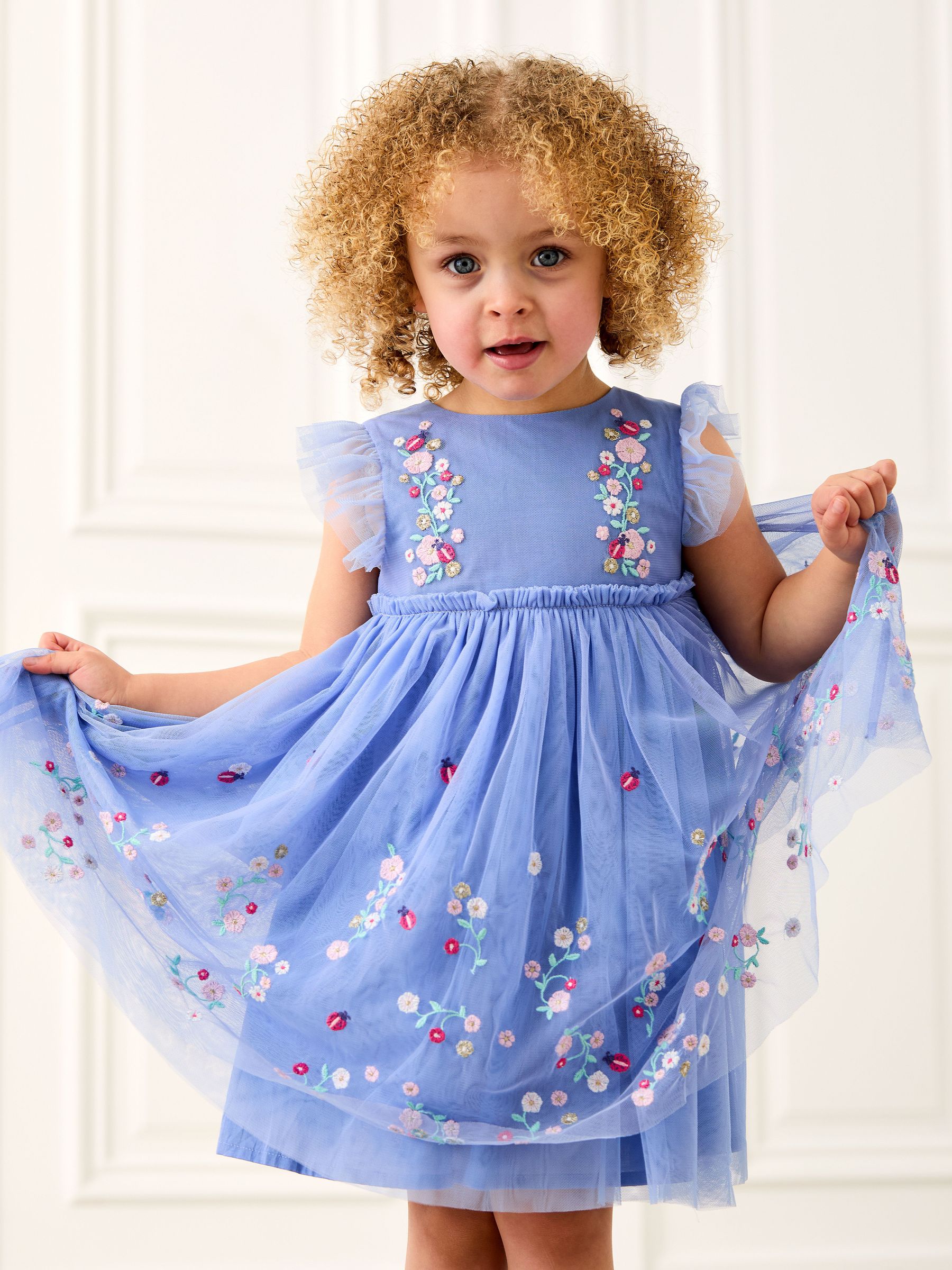 Blue Ladybird Floral Frill Embroidered Tulle Party Dress (AU5587) | £37 - £43