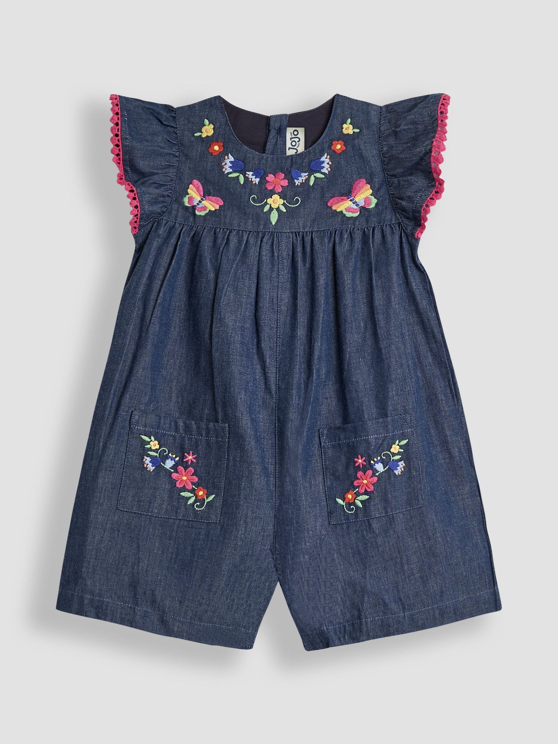 Chambray Blue Floral Embroidered Frill Sleeve Playsuit (AU5597) | £24 - £27