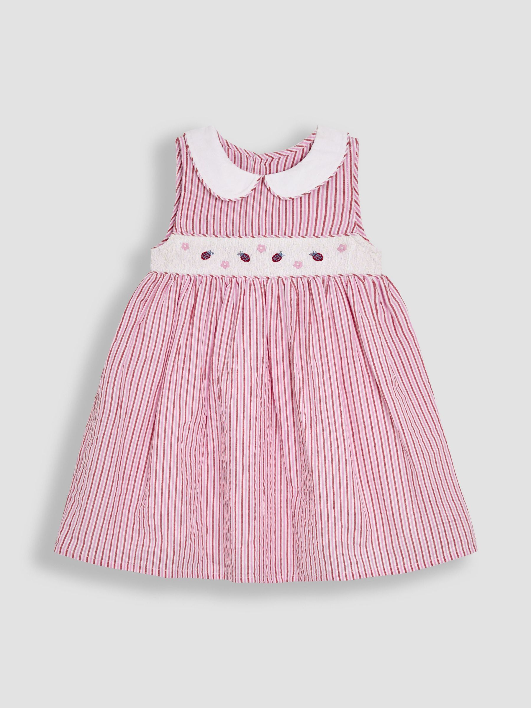 Pink Ladybird Seersucker Stripe Smocked Dress (AU5599) | £30 - £36