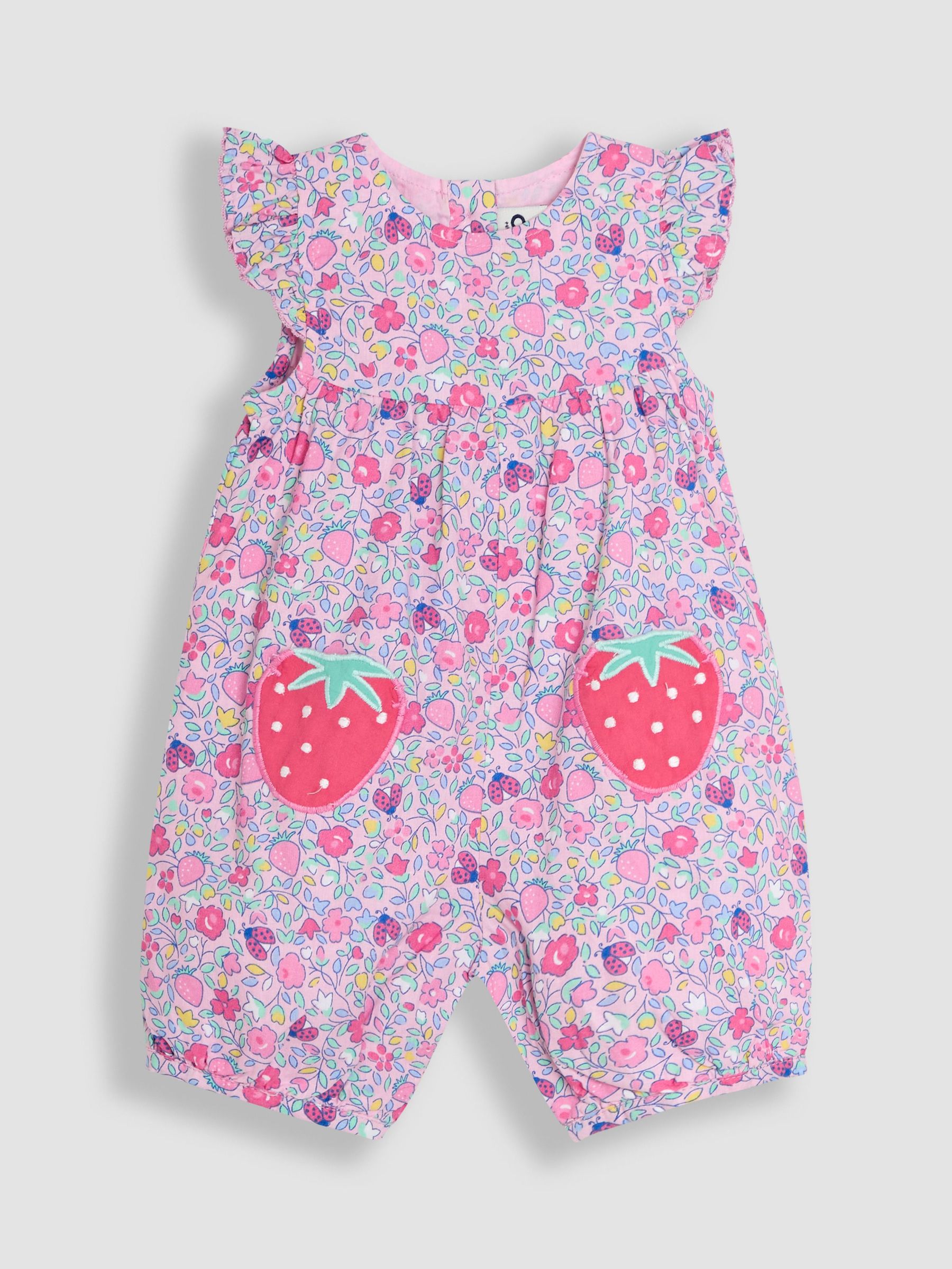 Pink Strawberry Applique Pockets Pretty Ruffle Shoulder Embroidered Sunsuit (AU5607) | £23 - £24