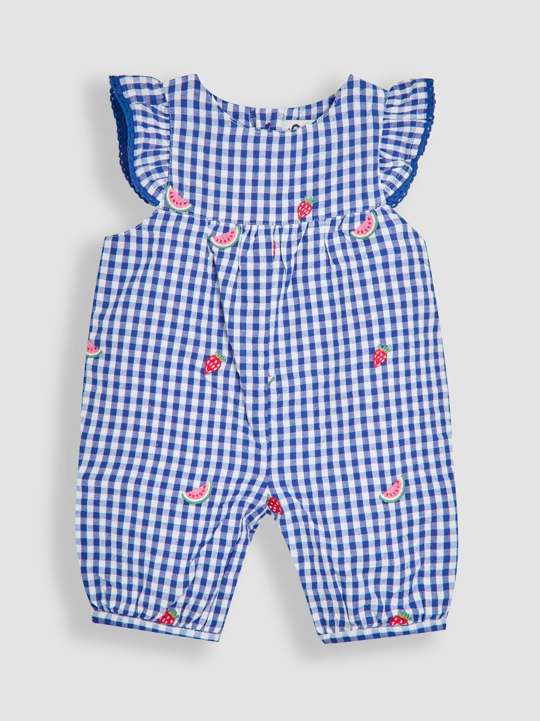 Blue Strawberry Gingham Pretty Ruffle Shoulder Embroidered Sunsuit (AU5609) | £23 - £24