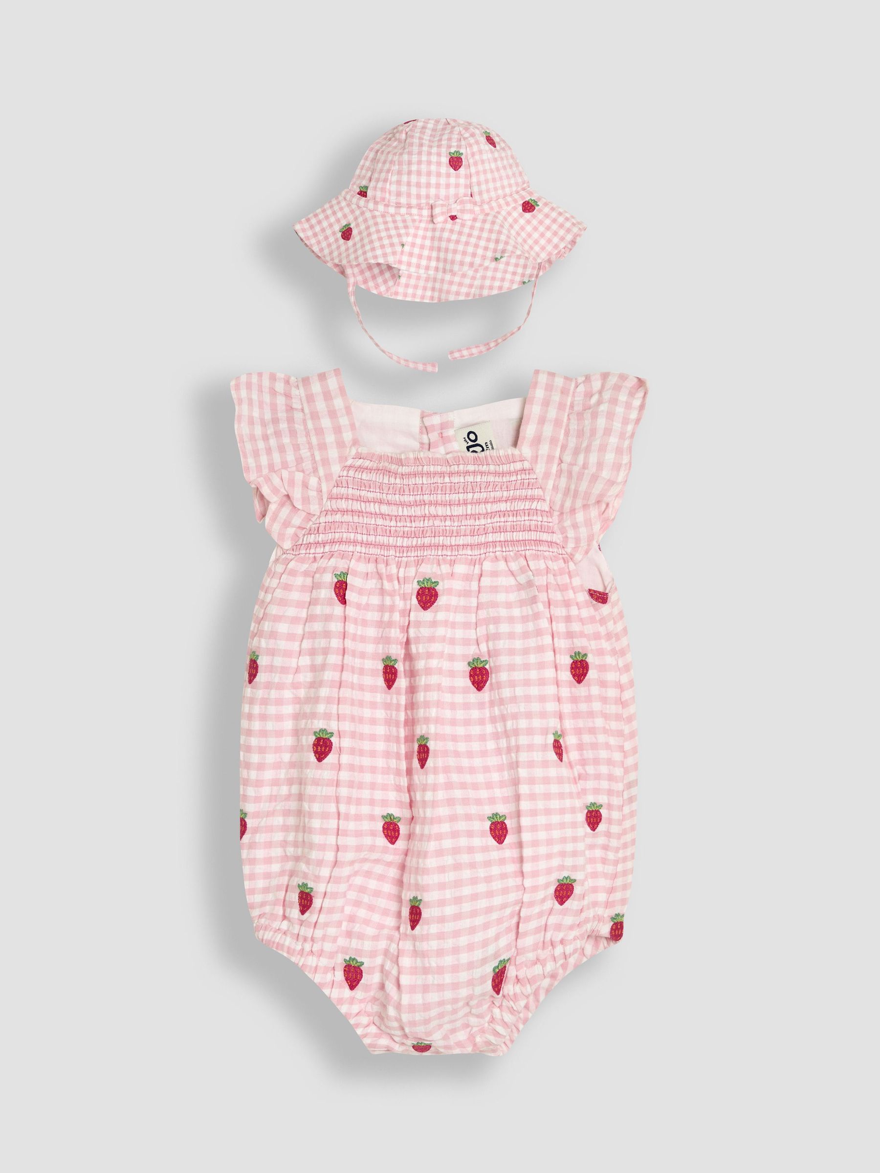 Pink Gingham 2-Piece Strawberry Embroidered Smocked Romper & Hat Set (AU5623) | £29 - £30