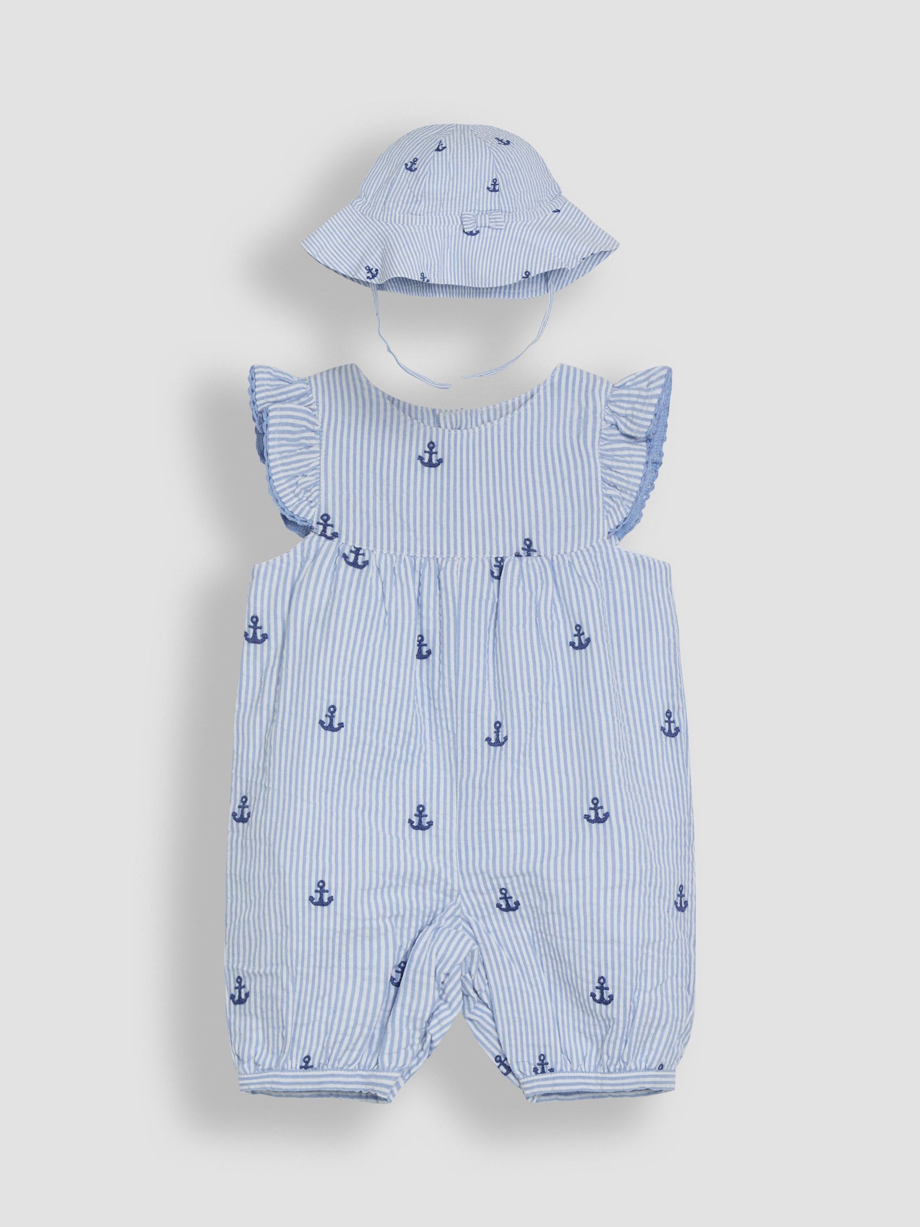 Blue Stripe Nautical Embroidered Sunsuit & Hat Set 2 Piece (AU5624) | £30 - £31