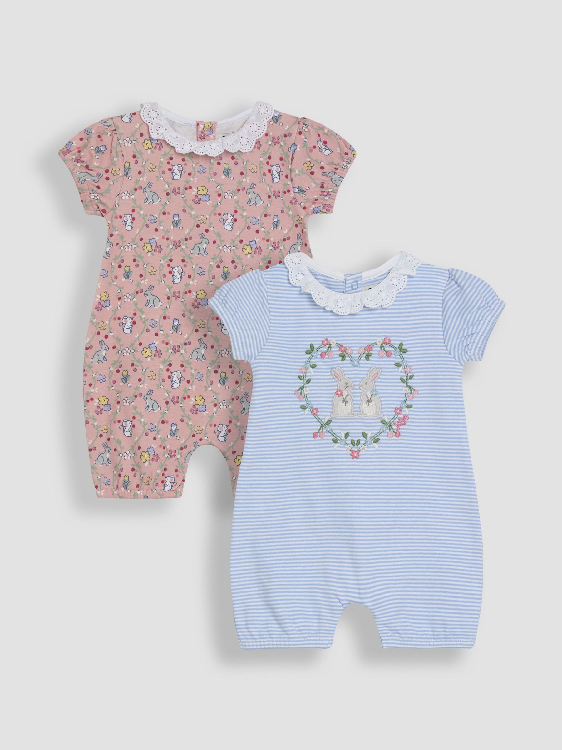 Blue Bunny Applique Broderie Collar 100% Cotton Rompers 2 Pack (AU5625) | £30 - £32