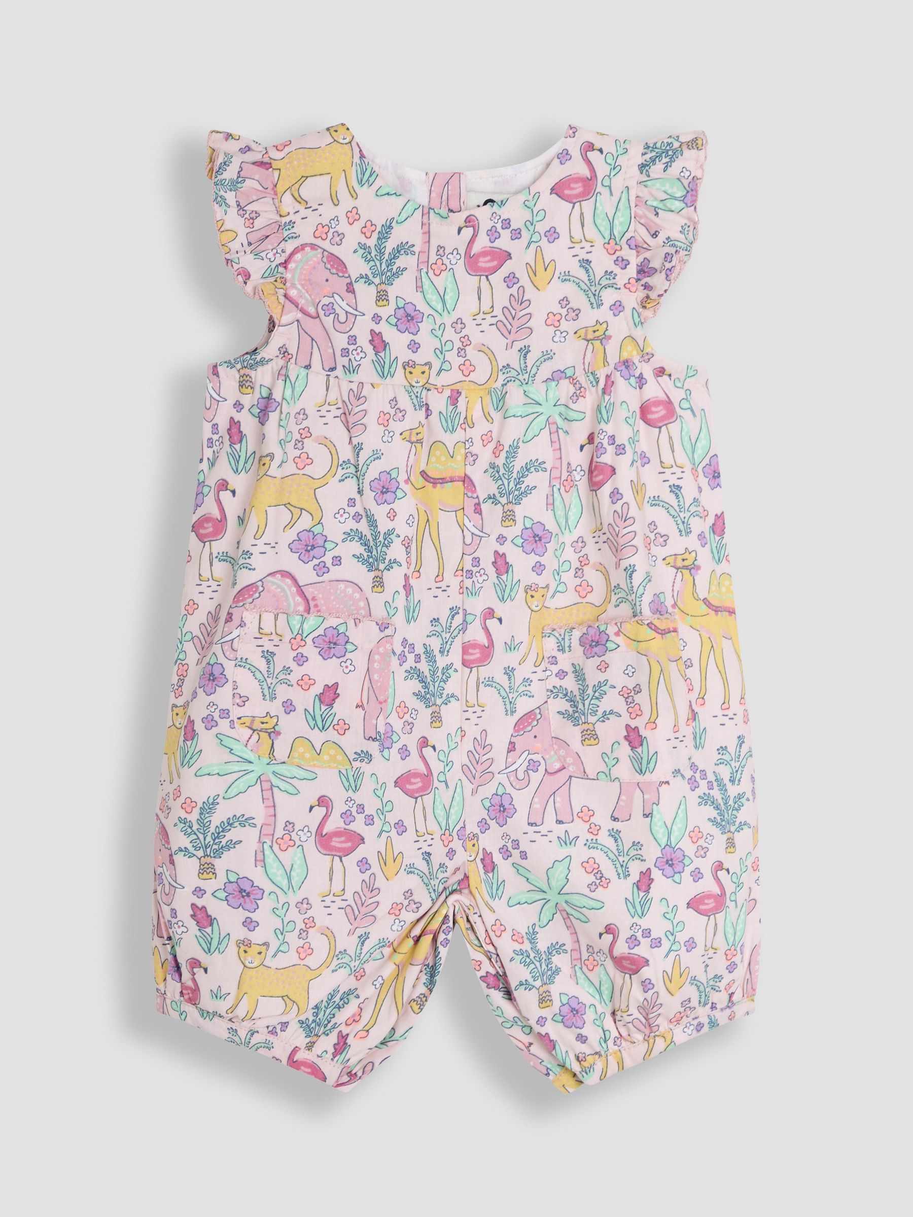 Coral Pink Tropical Animals Pretty Ruffle Shoulder 100% Cotton Sunsuit (AU5627) | £22 - £23