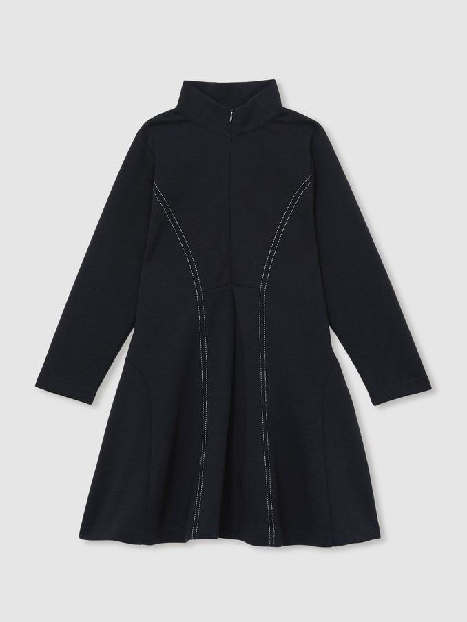13-14 yrs Jersey Contrast-Stitch Flared Dress in Navy (AU6759) | £30