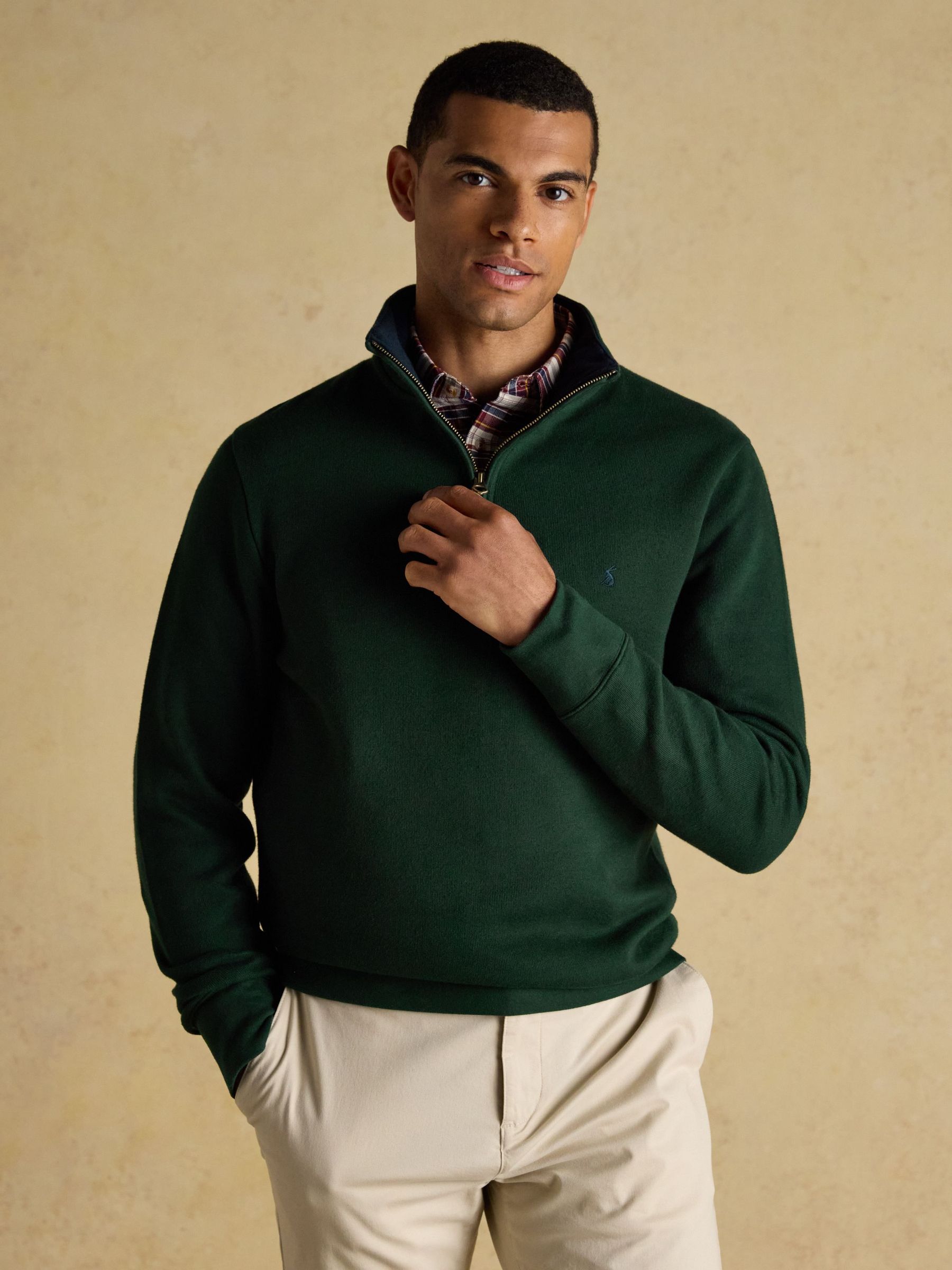 Alistair Dark Green French Ribbed Knit Quarter Zip Sweatshirt