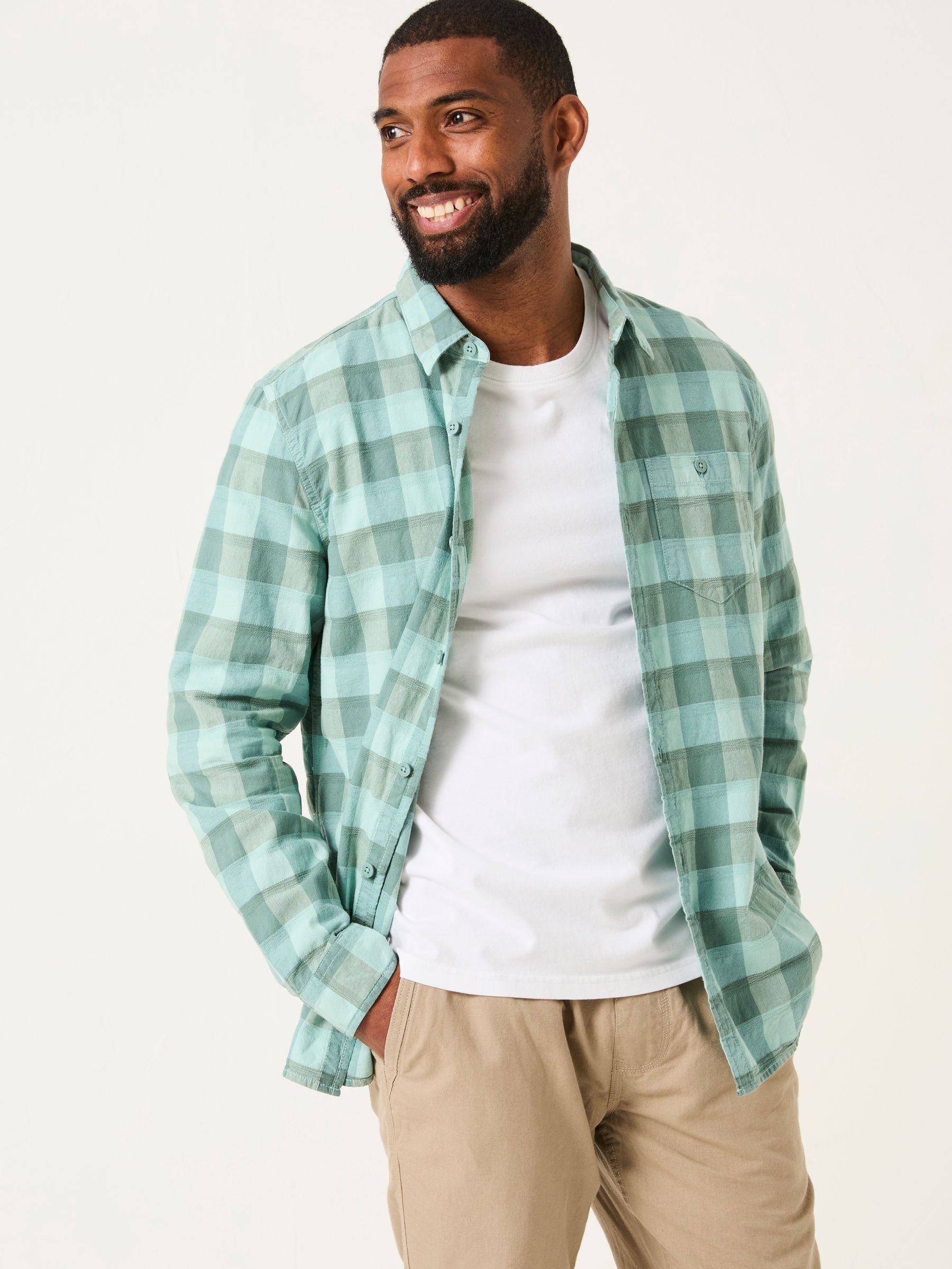 Brent Aqua Blue Long Sleeve Buffallo Overdye Check Shirt (AU7680) | £49.50