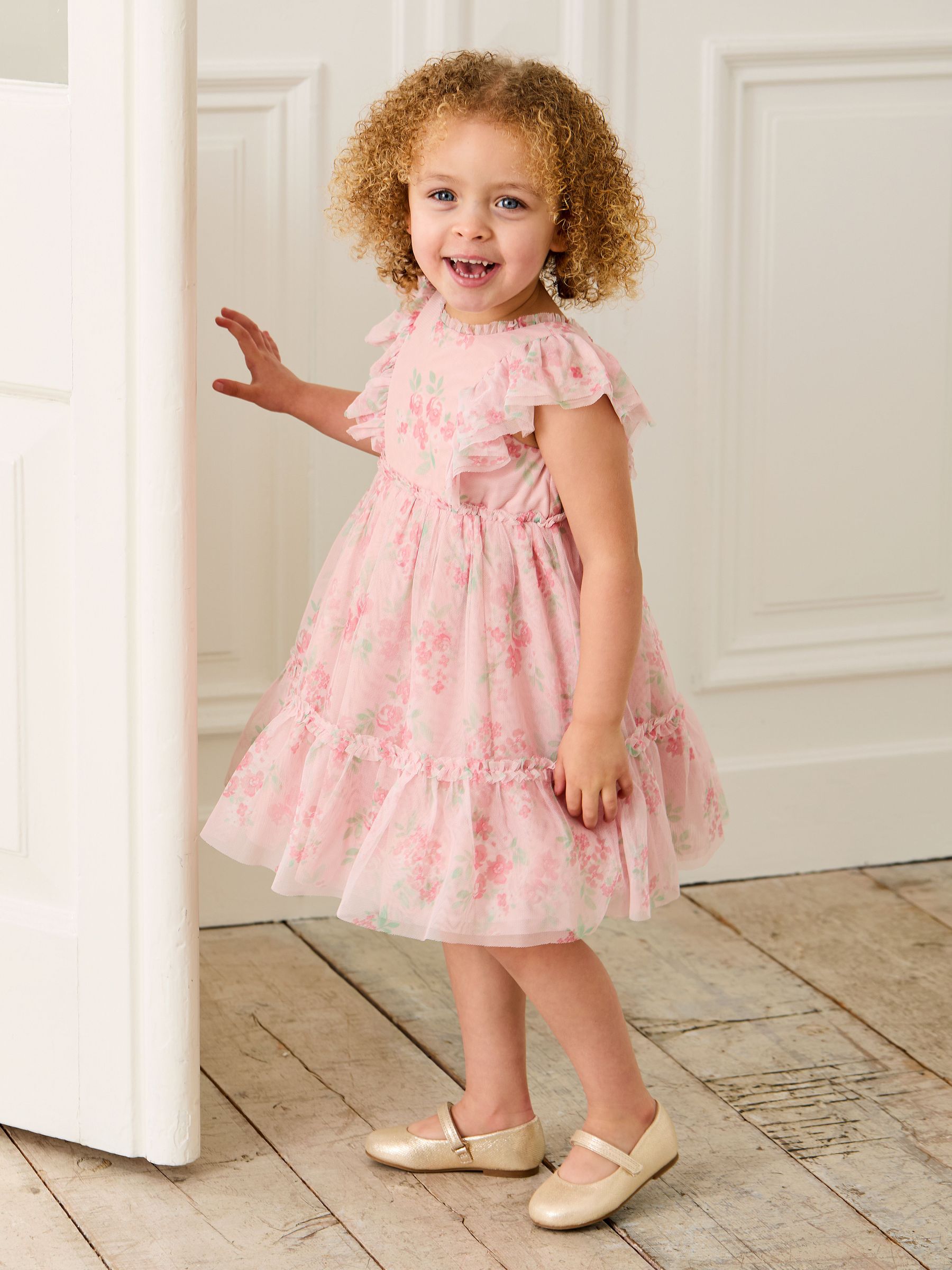 Pink Floral Floral Ruffle Shoulder Tiered Tulle Dress (AU7919) | £25 - £30