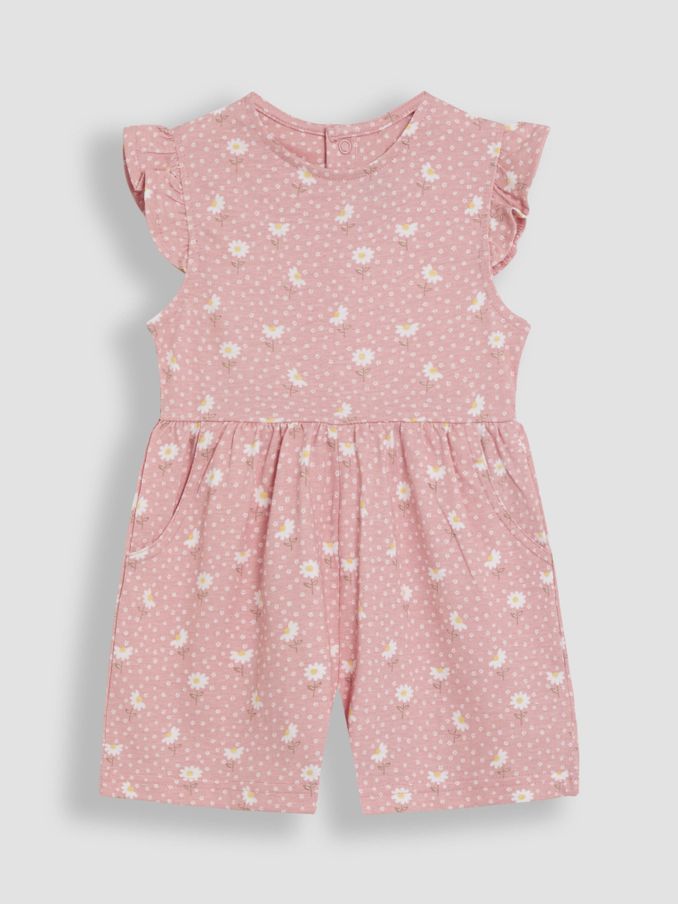 Pink Daisy Floral Ruffle Shoulder 100% Cotton Playsuit (AU7923) | £16 - £19