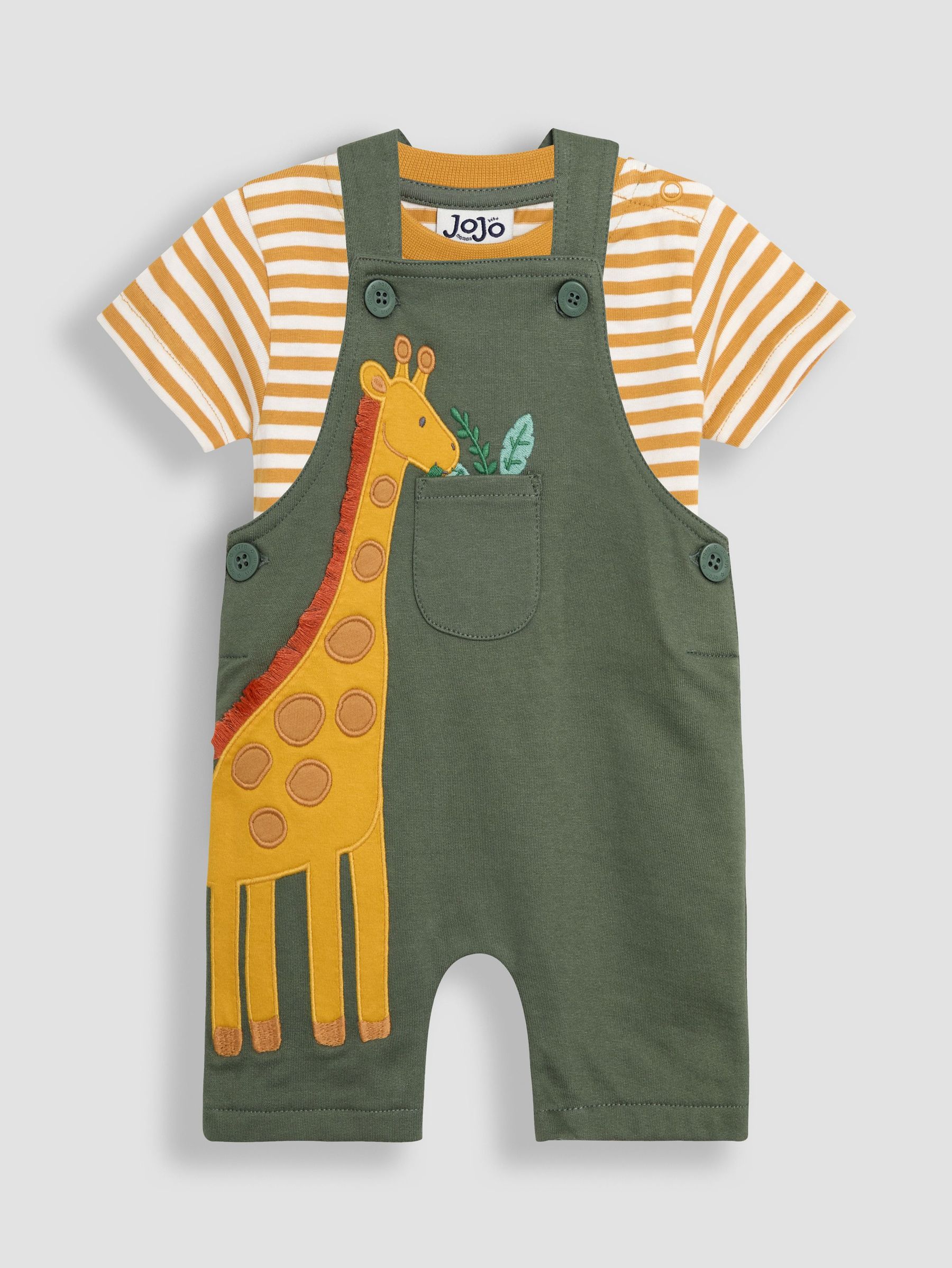 Khaki Giraffe 2-Piece Appliqué Dungarees & T-Shirt Set (AU7935) | £27 - £28