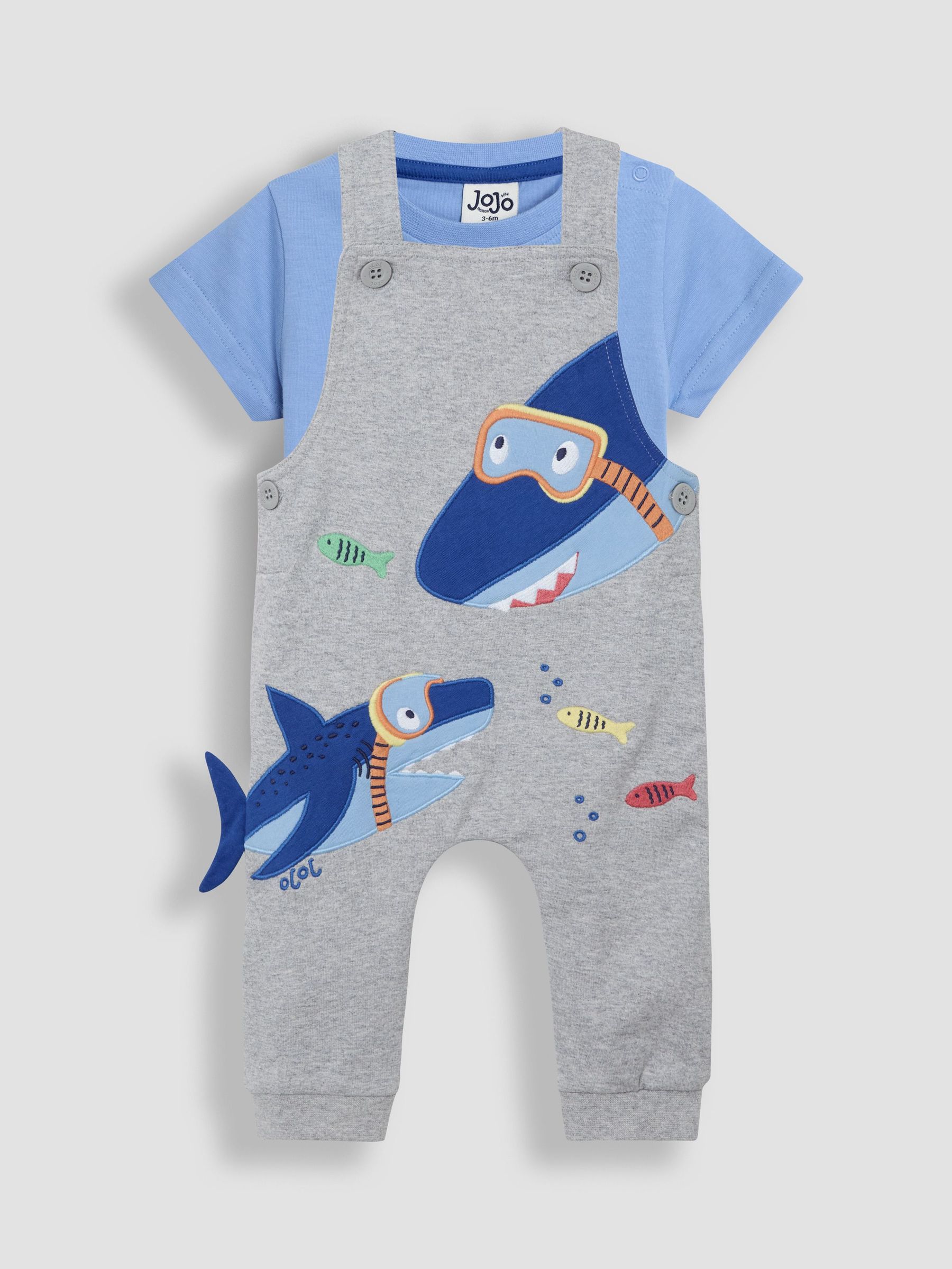 Grey Shark 2-Piece Appliqué Dungarees & T-Shirt Set (AU7952) | £28 - £29
