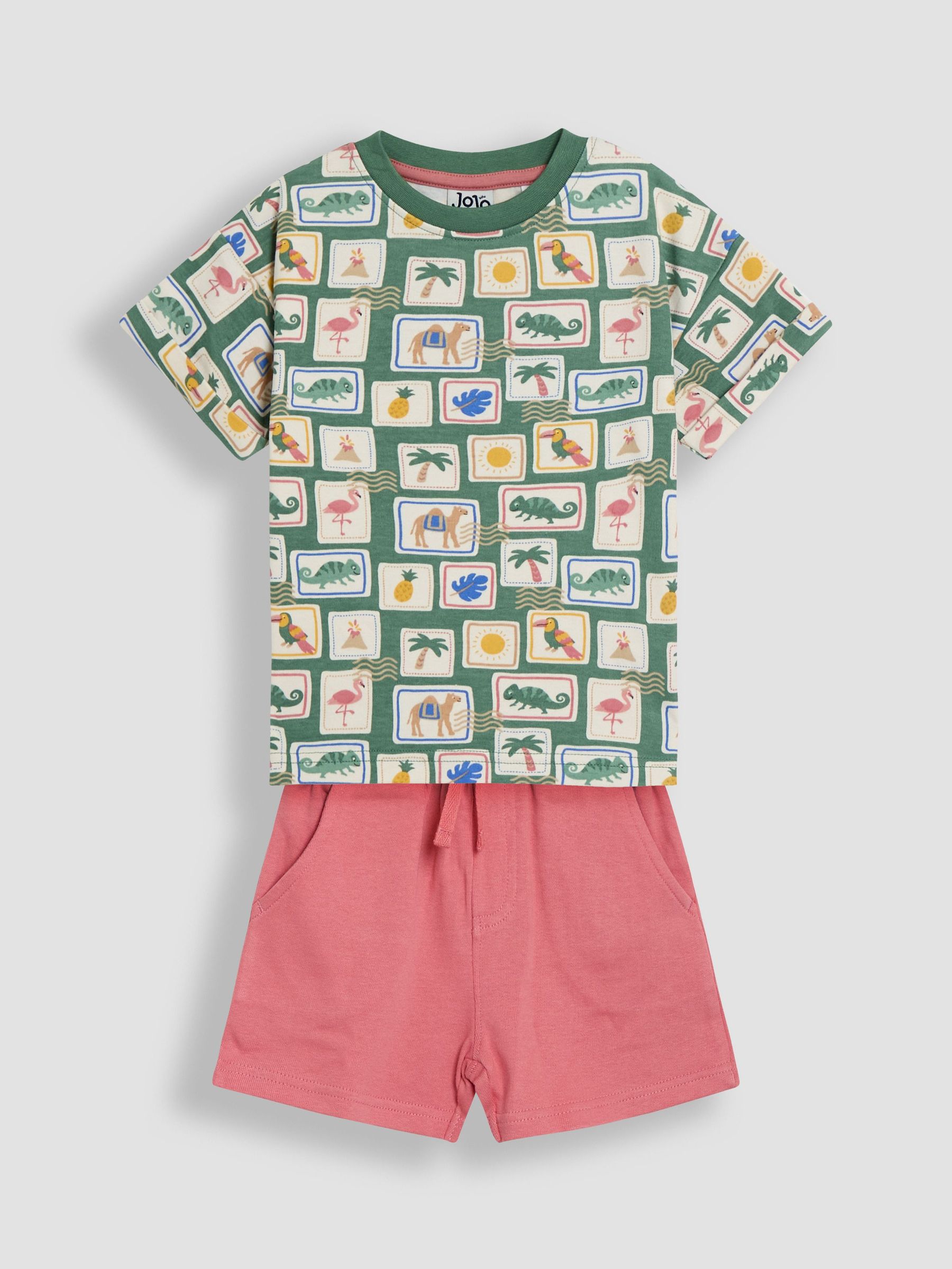 Khaki Tropical Postcard 2-Piece Printed T-Shirt & Short Set (AU7983) | £26 - £29