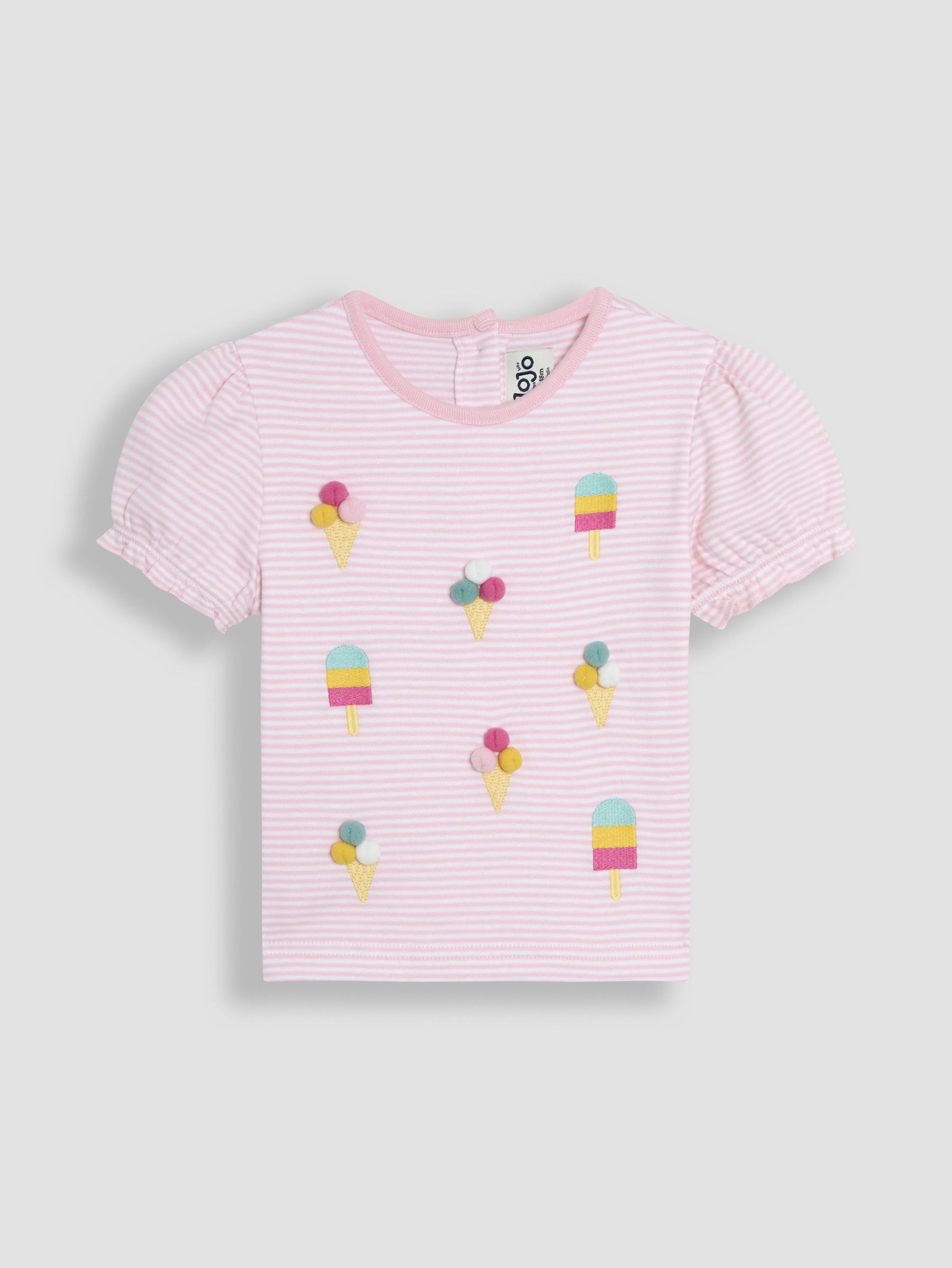 Pink Ice Cream Embroidered Puff Sleeve Pom-Pom T-Shirt (AU8006) | £16 - £19