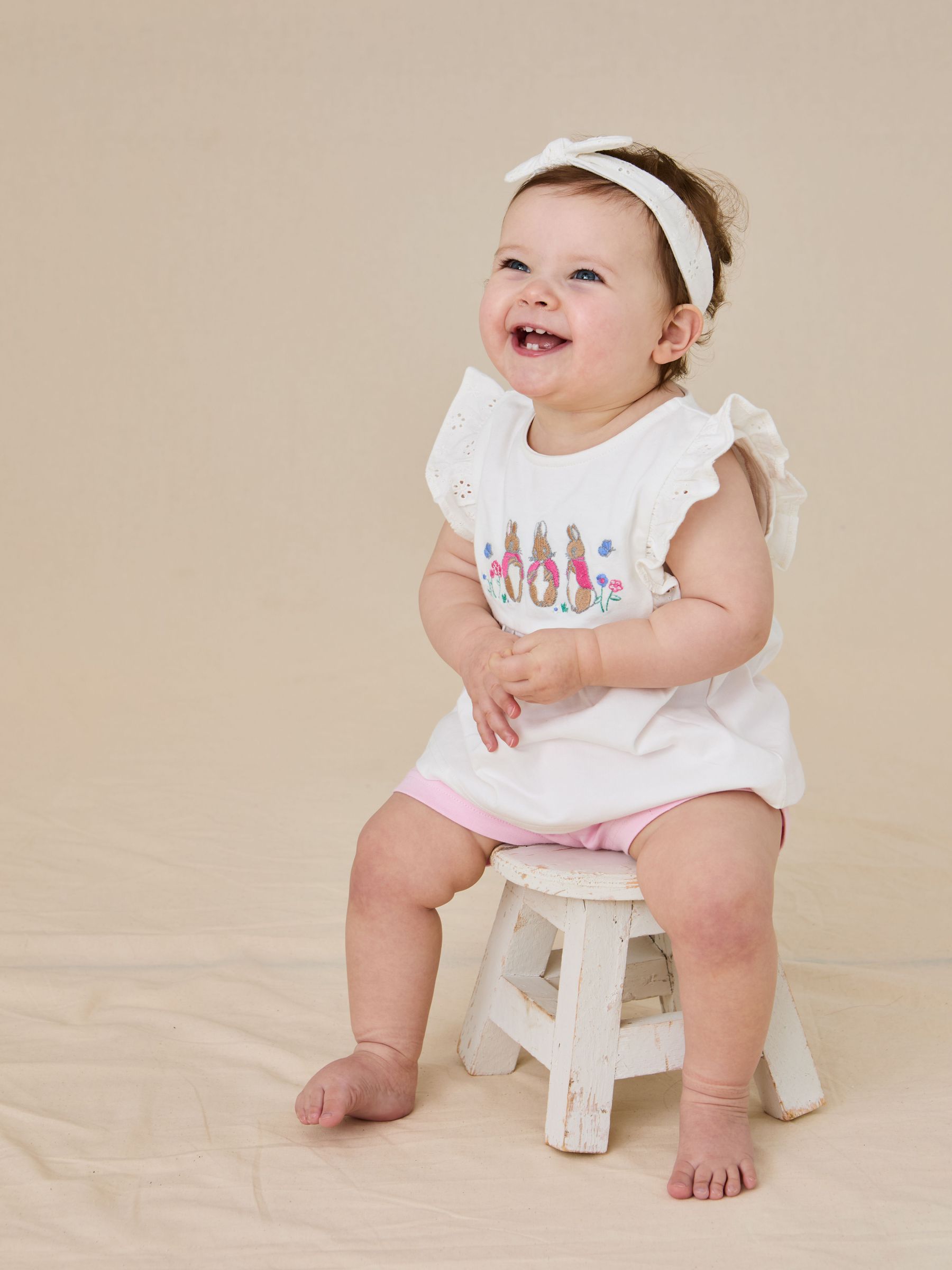 Pink Embroidered Flopsy Bunny Frill Broderie 100% Cotton Romper (AU8021) | £28 - £29