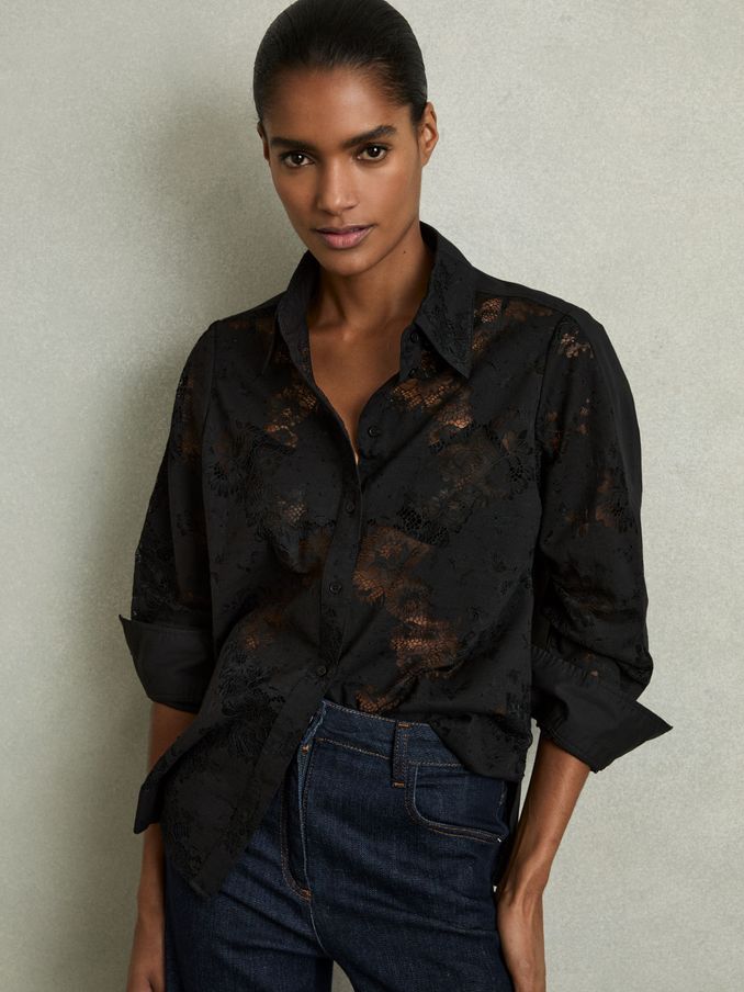 Lace-Front Shirt With Cotton in Black (AU9684) | £148