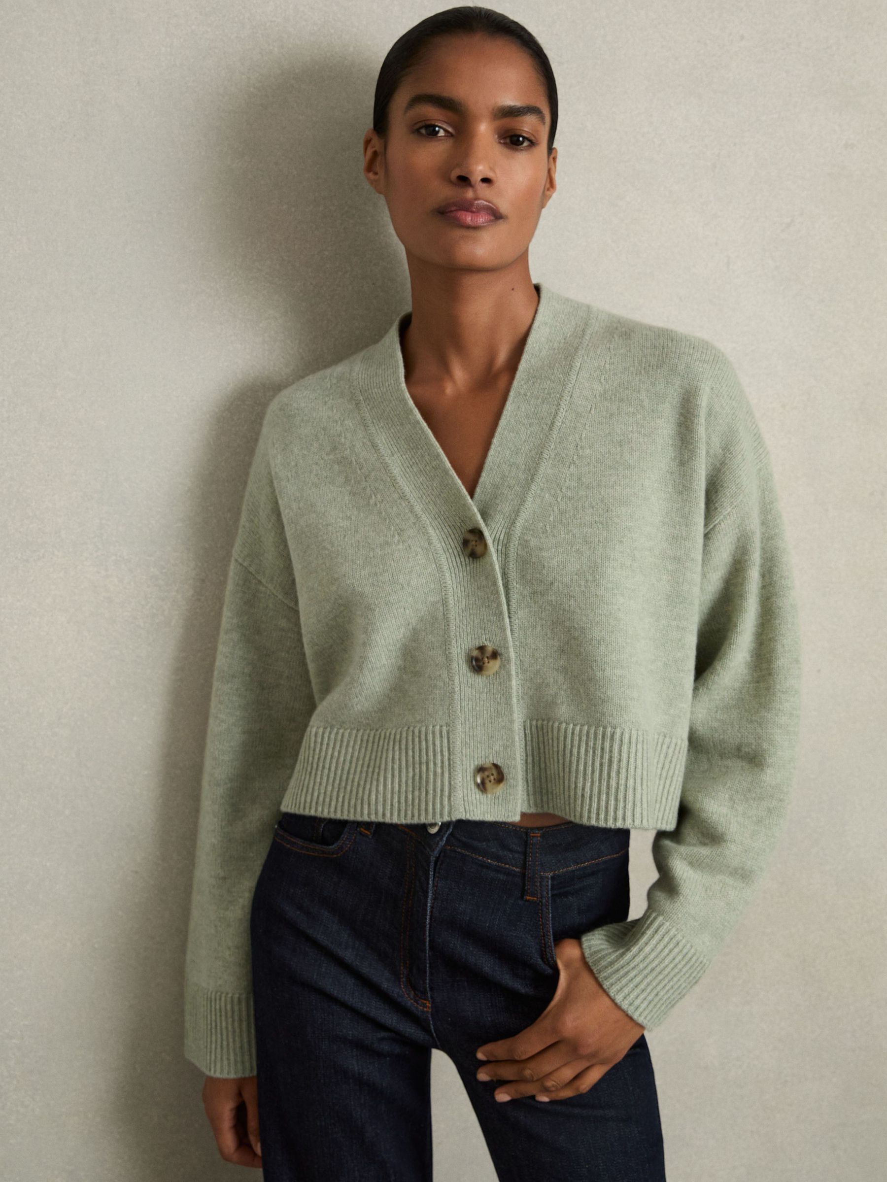 Wool-Cashmere Cropped Cardigan in Sage (AU9701) | £140
