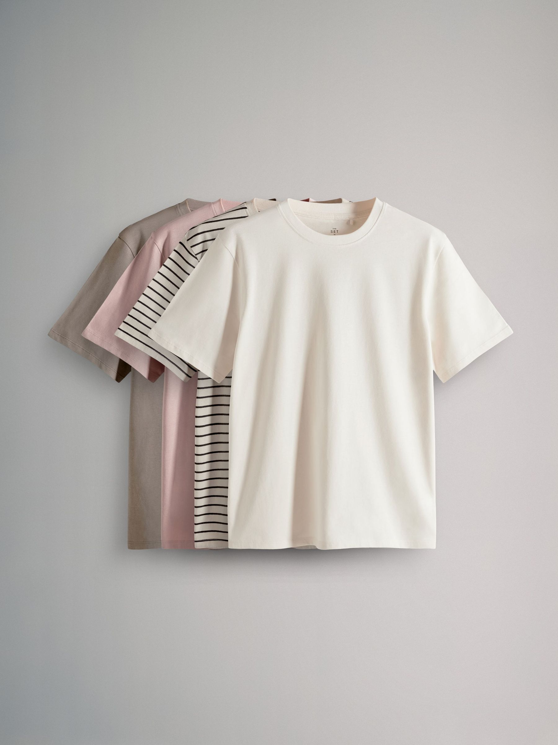 Rose Pink/Neutral Stripe/Cream/Taupe Brown - 4 Pack 100% Cotton Short Sleeved Relaxed T-Shirts (AV0221) | £20