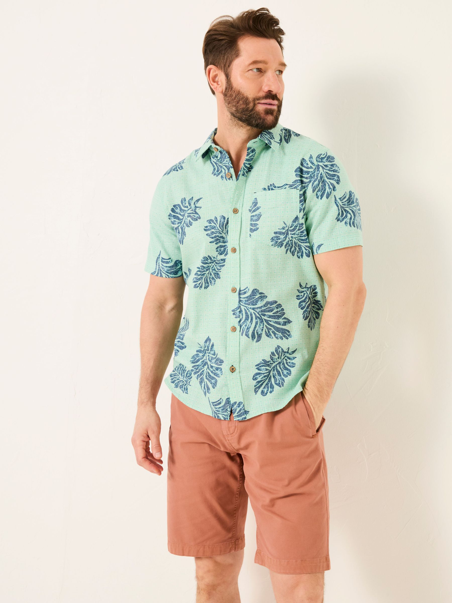Mint Green Short Sleeve Banana Leaf Print 100% Cotton Shirt (AV1697) | £44