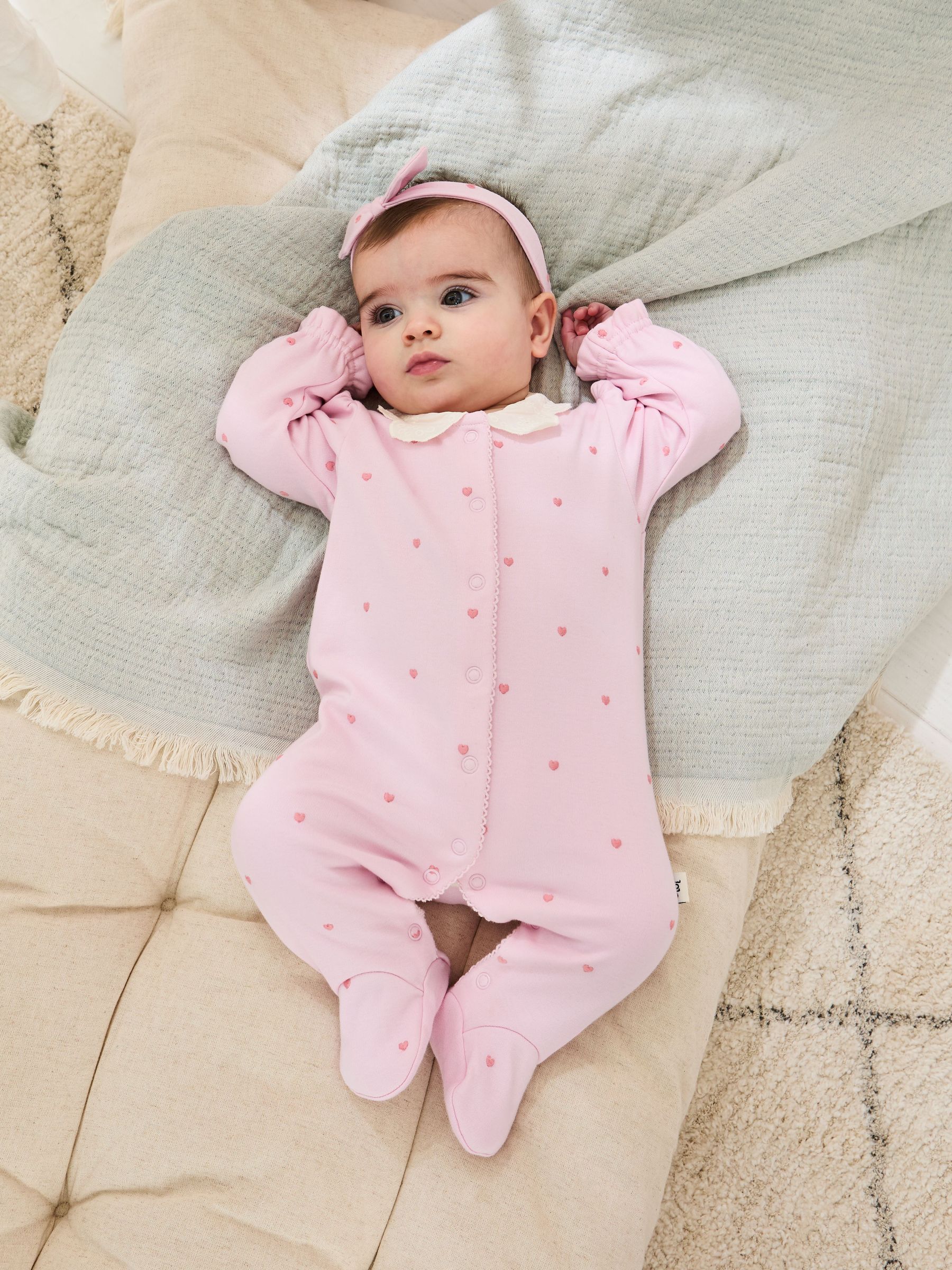 Pink Cotton Collared 2-Piece Embroidered Sleepsuit and Headband Set (AV1775) | £26